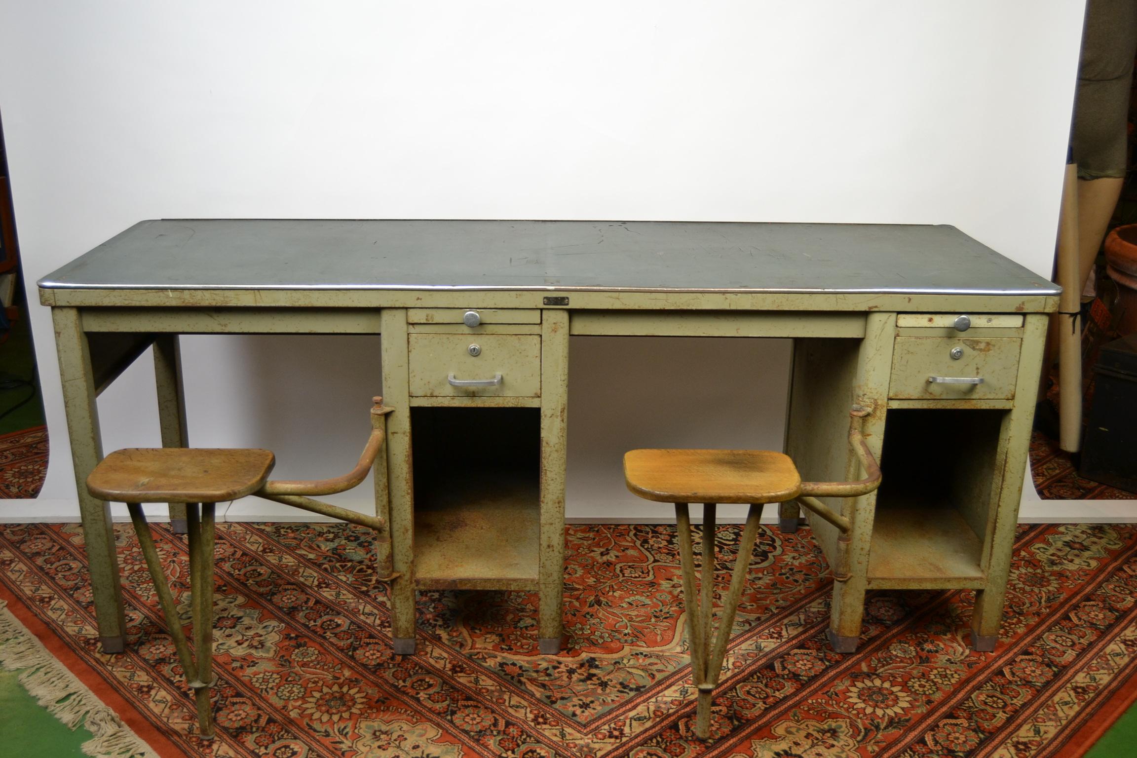 Industrial Workbench, Two-Seat Desk Table, Factory Table, Metal, 1940s 2