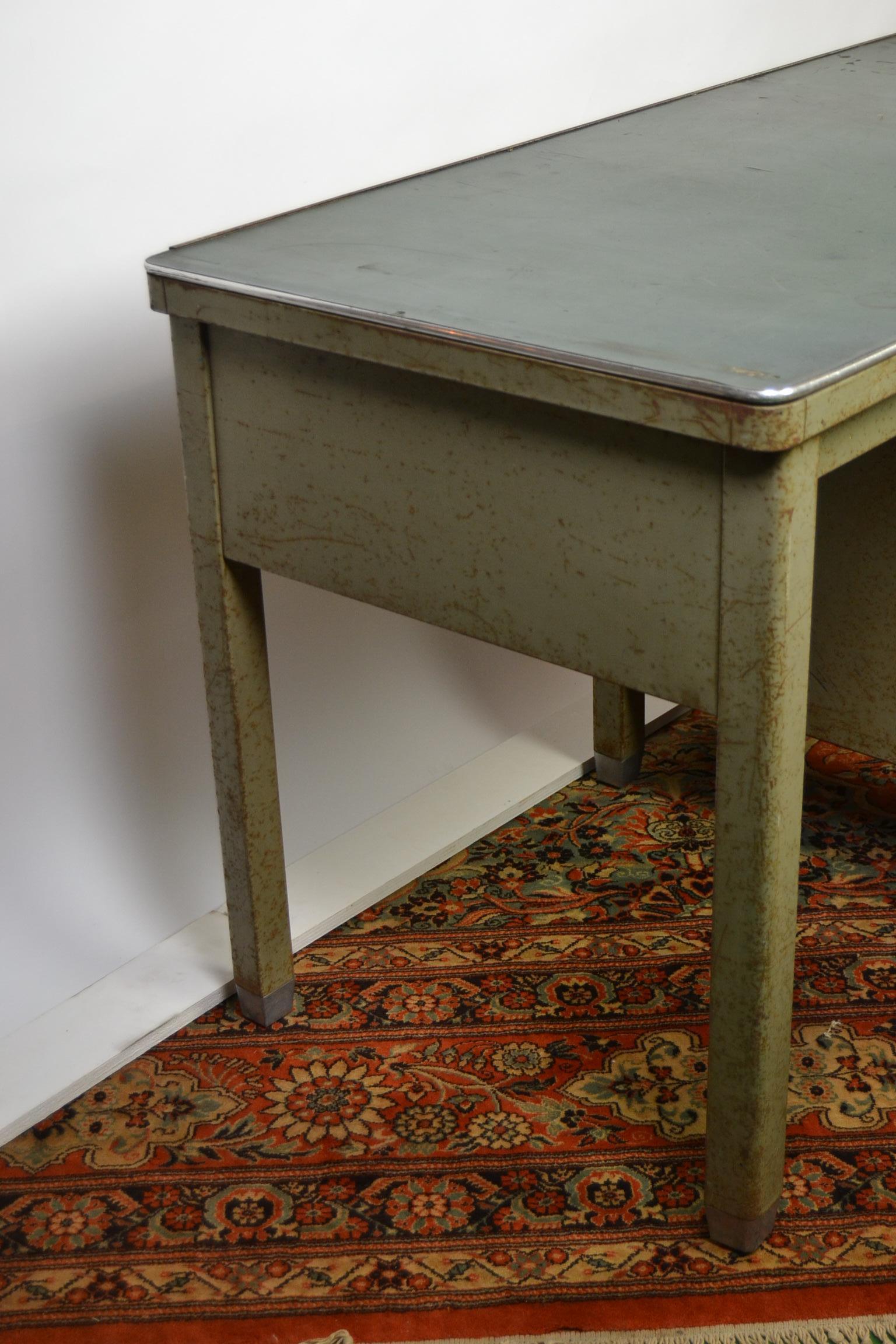 Industrial Workbench, Two-Seat Desk Table, Factory Table, Metal, 1940s 3