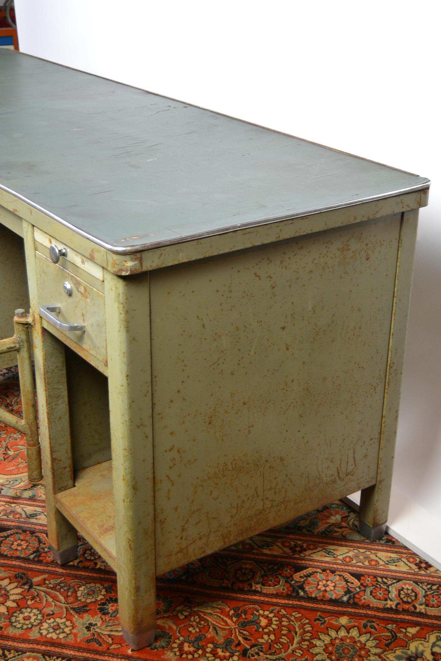 Industrial Workbench, Two-Seat Desk Table, Factory Table, Metal, 1940s 4