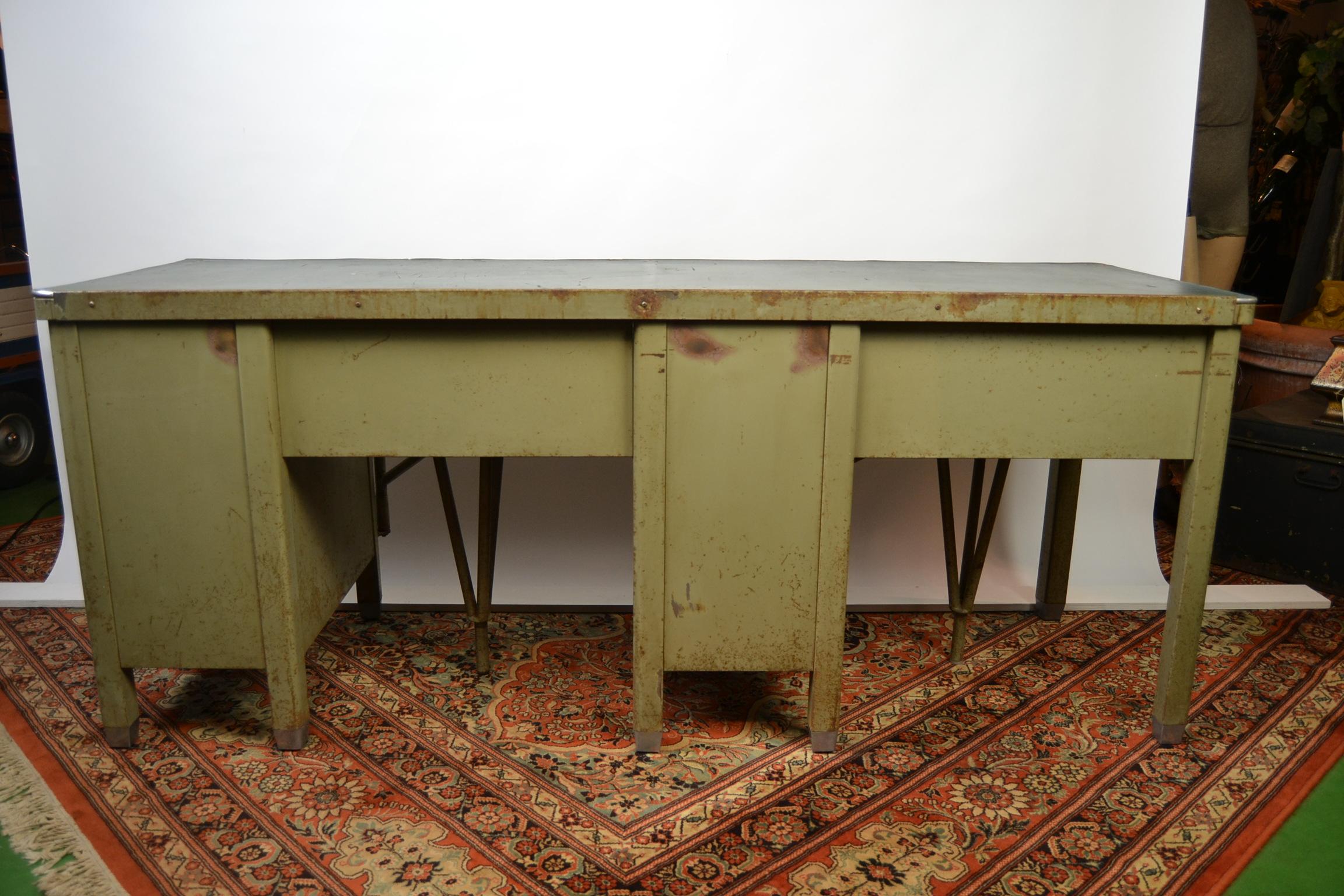Industrial Workbench, Two-Seat Desk Table, Factory Table, Metal, 1940s 5