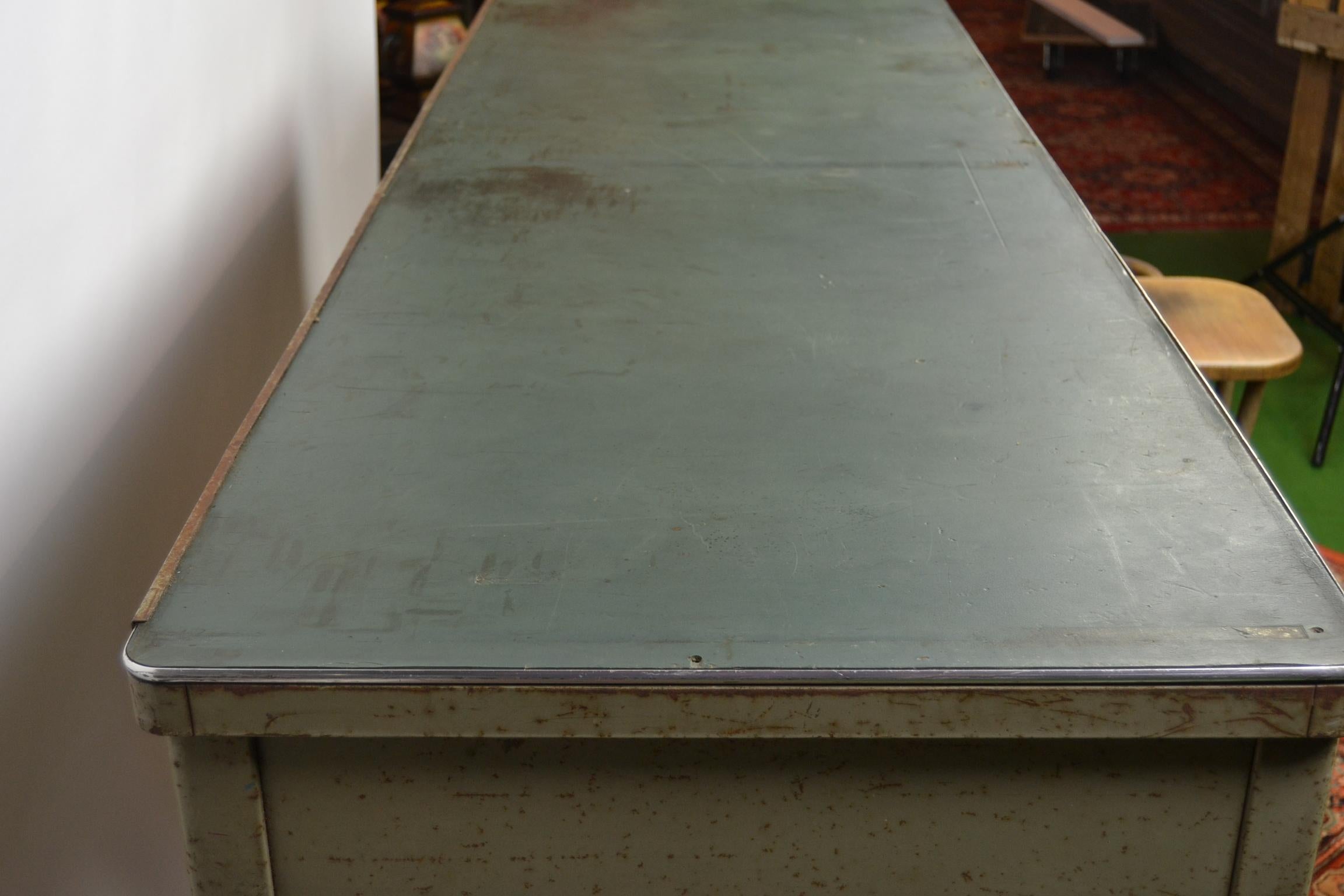 Industrial Workbench, Two-Seat Desk Table, Factory Table, Metal, 1940s 8