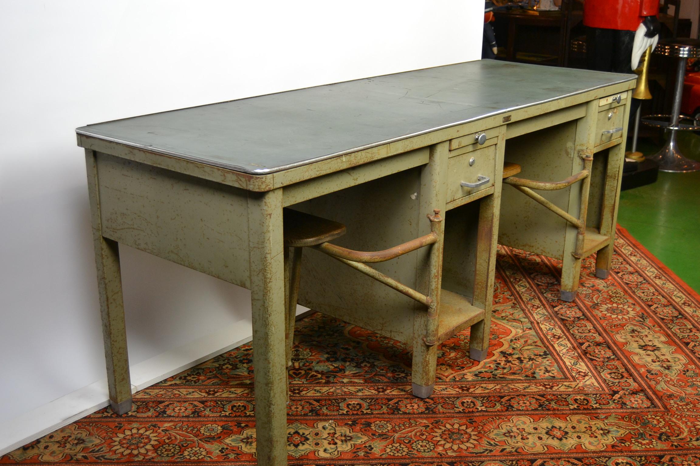 Industrial Workbench, Two-Seat Desk Table, Factory Table, Metal, 1940s 9