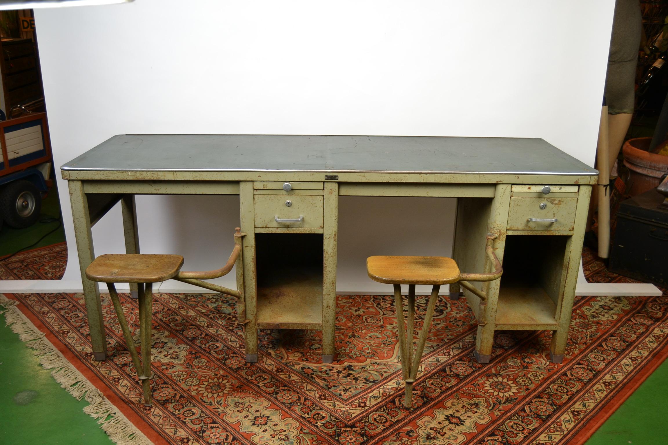 Industrial Workbench, Two-Seat Desk Table, Factory Table, Metal, 1940s 10