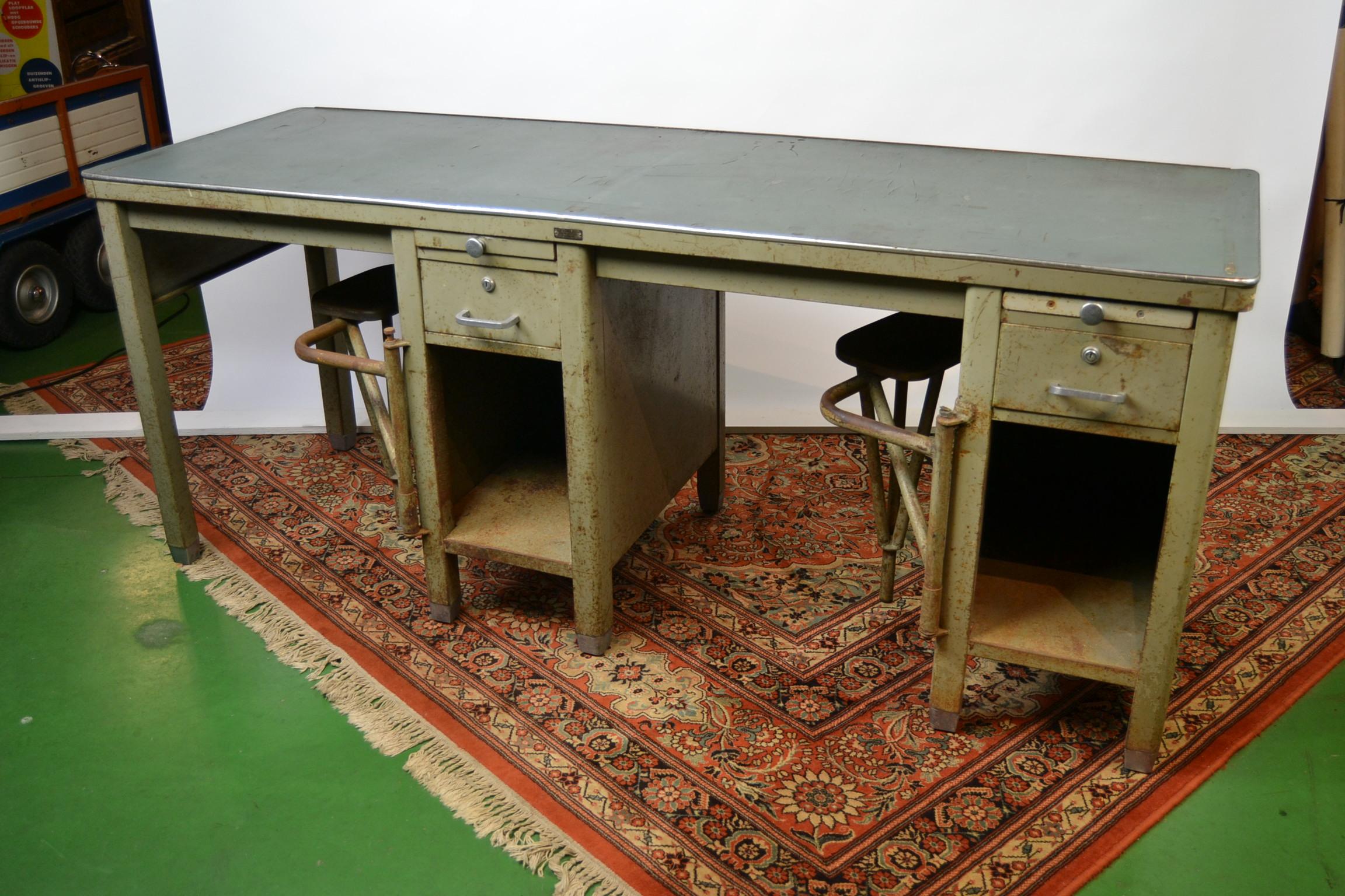 Belgian Industrial Workbench, Two-Seat Desk Table, Factory Table, Metal, 1940s