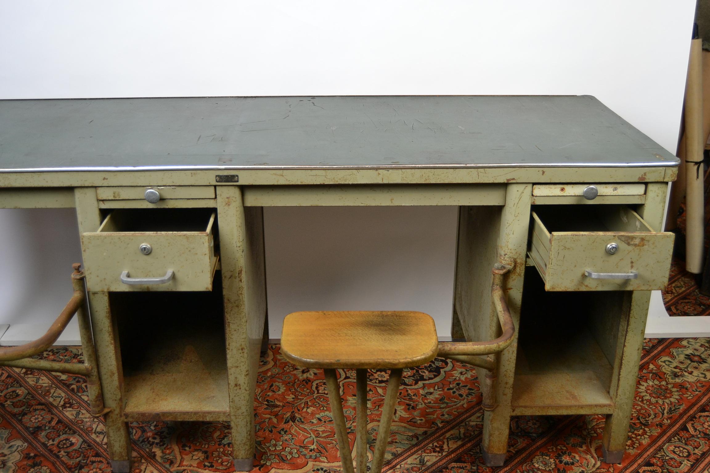 20th Century Industrial Workbench, Two-Seat Desk Table, Factory Table, Metal, 1940s
