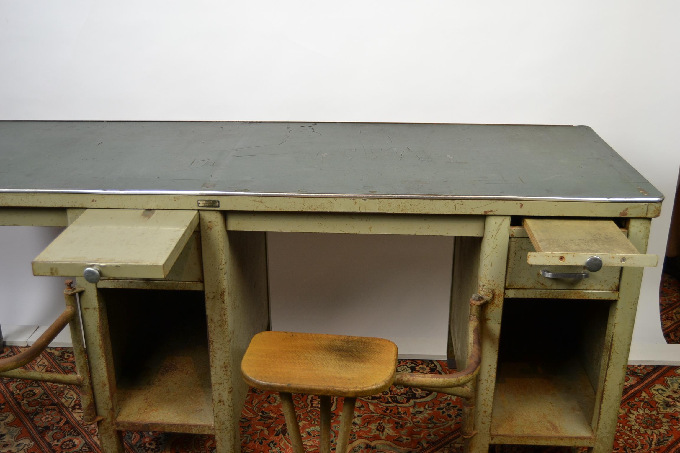 Industrial Workbench, Two-Seat Desk Table, Factory Table, Metal, 1940s 1