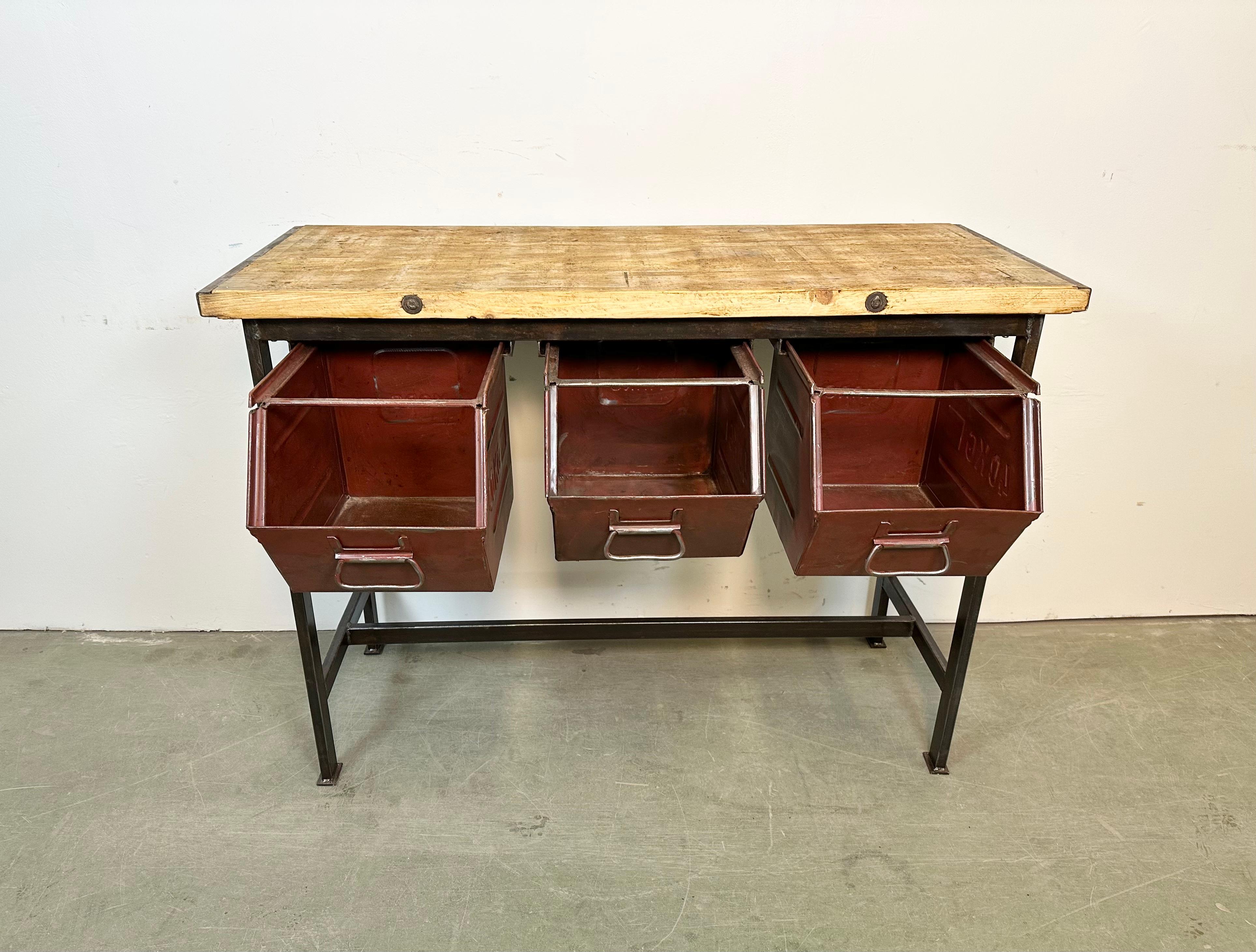 Industrial Worktable with Three Iron Drawers, 1960s For Sale 5