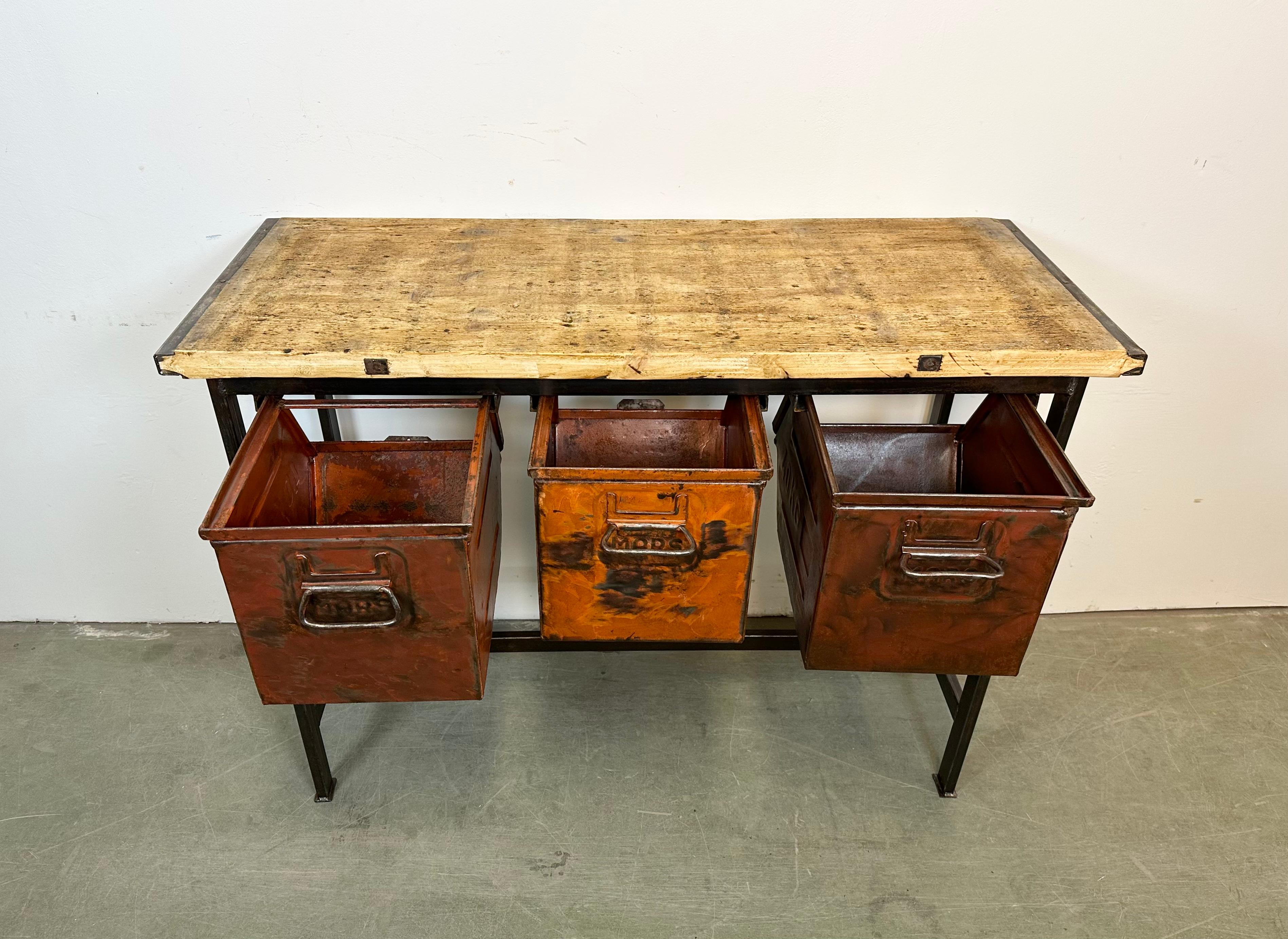 Industrial Worktable with Three Iron Drawers, 1960s For Sale 8