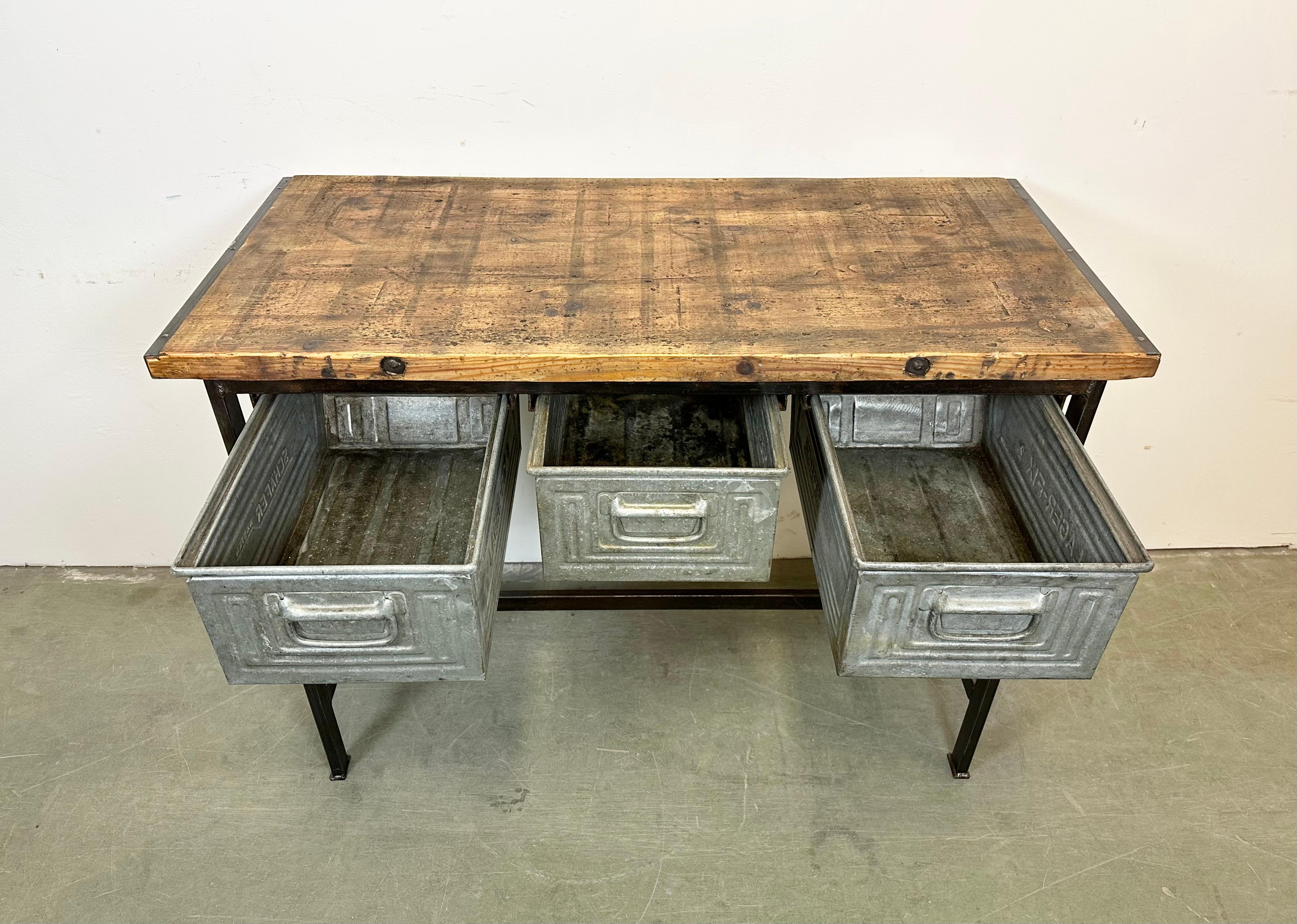 Industrial Worktable with Three Iron Drawers, 1960s For Sale 11