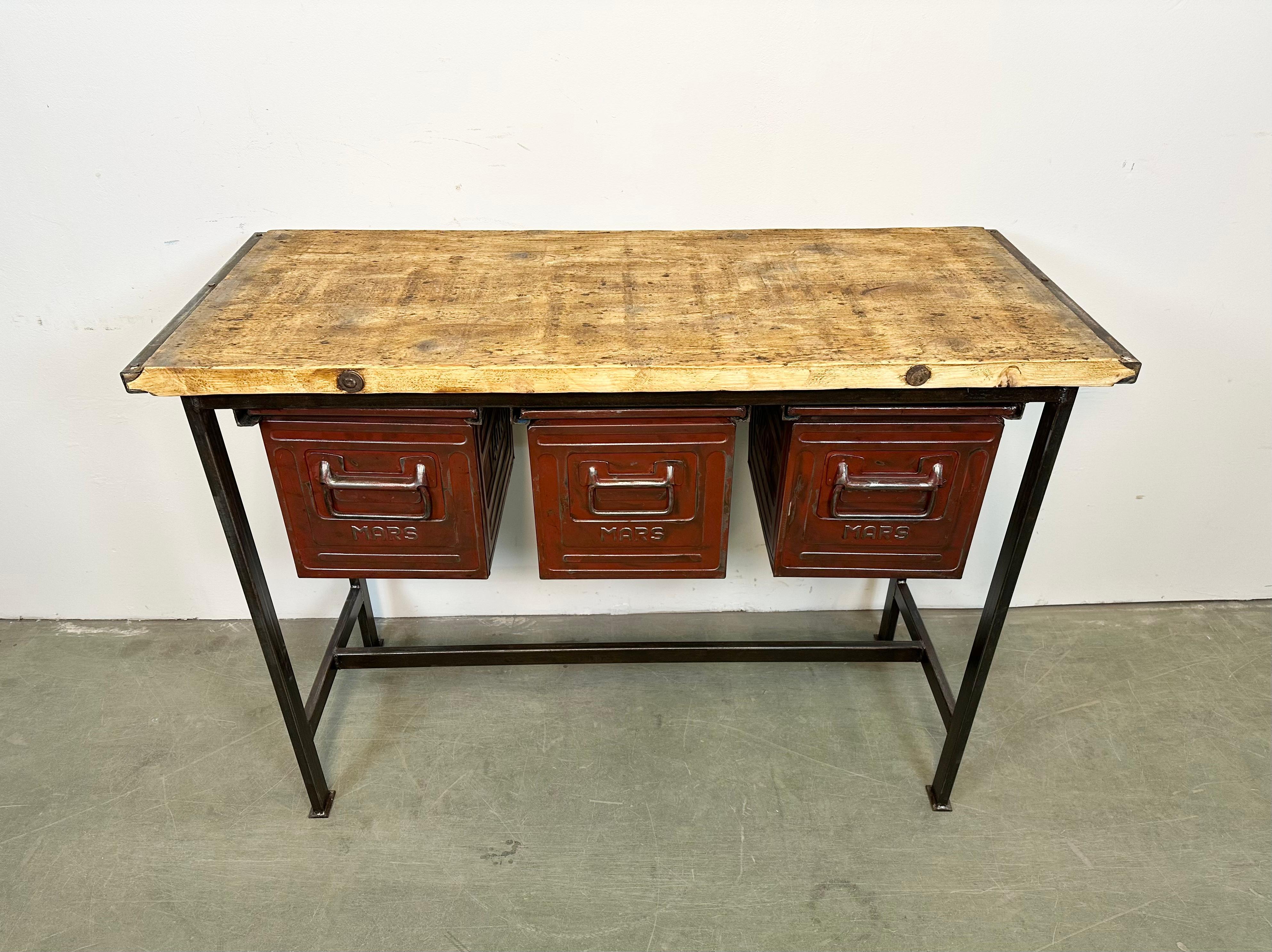 Czech Industrial Worktable with Three Iron Drawers, 1960s For Sale