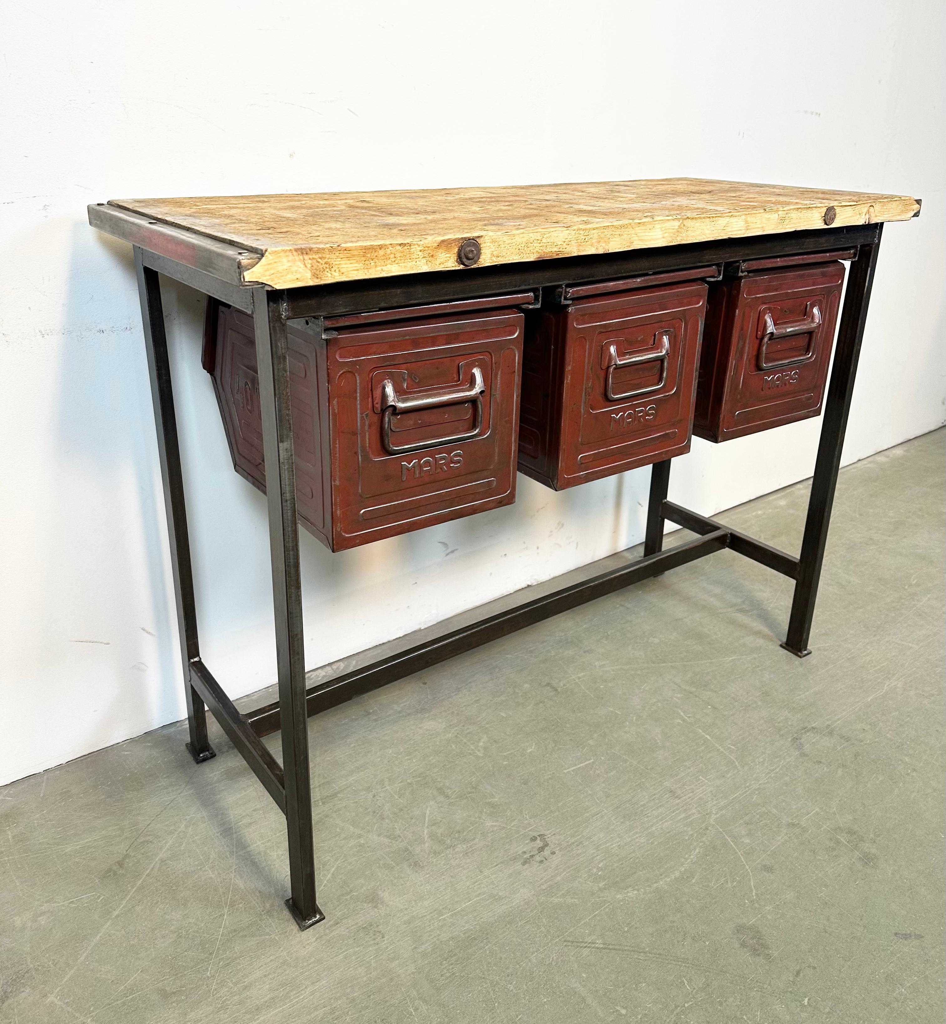 Industrial Worktable with Three Iron Drawers, 1960s In Good Condition For Sale In Kojetice, CZ