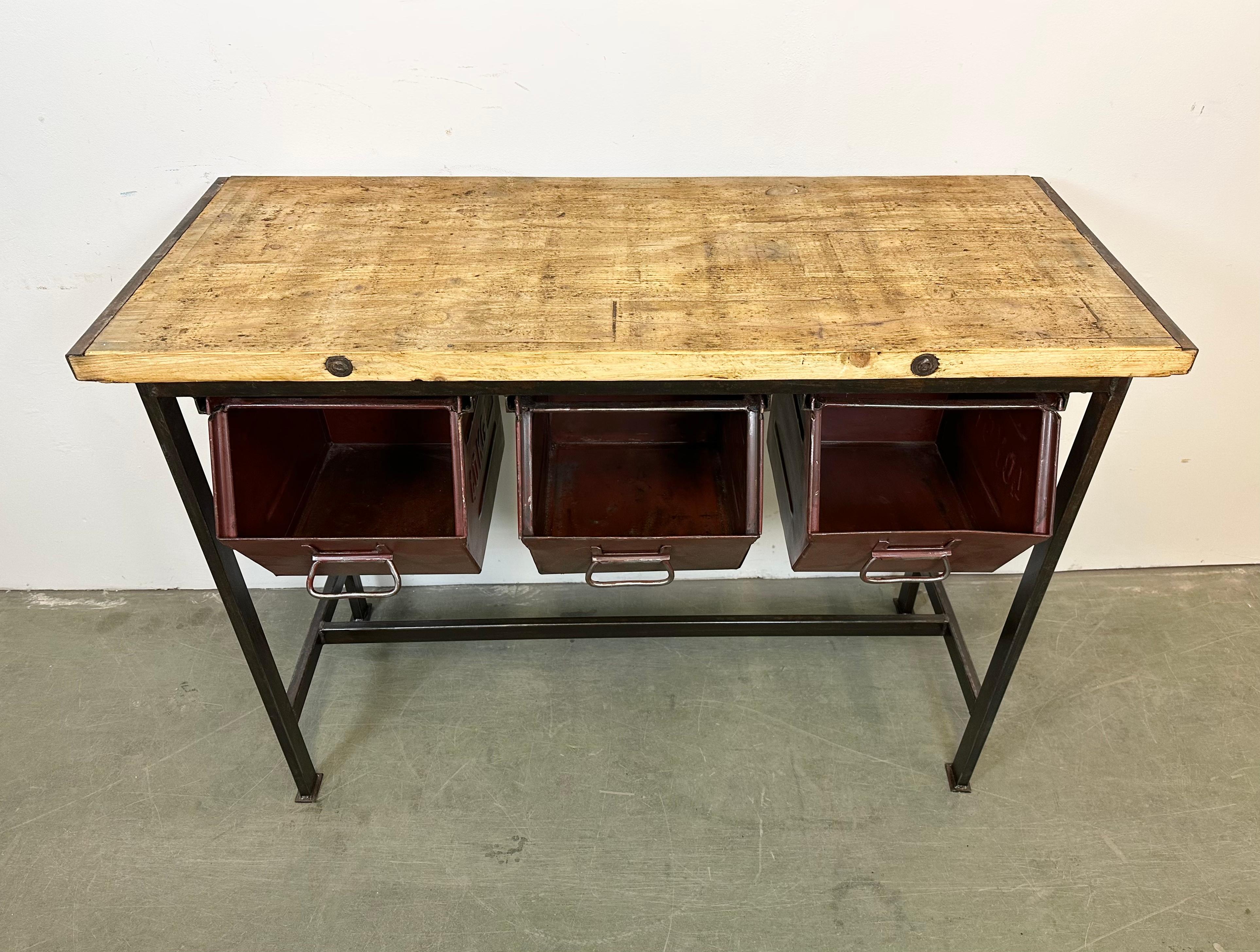 Czech Industrial Worktable with Three Iron Drawers, 1960s For Sale