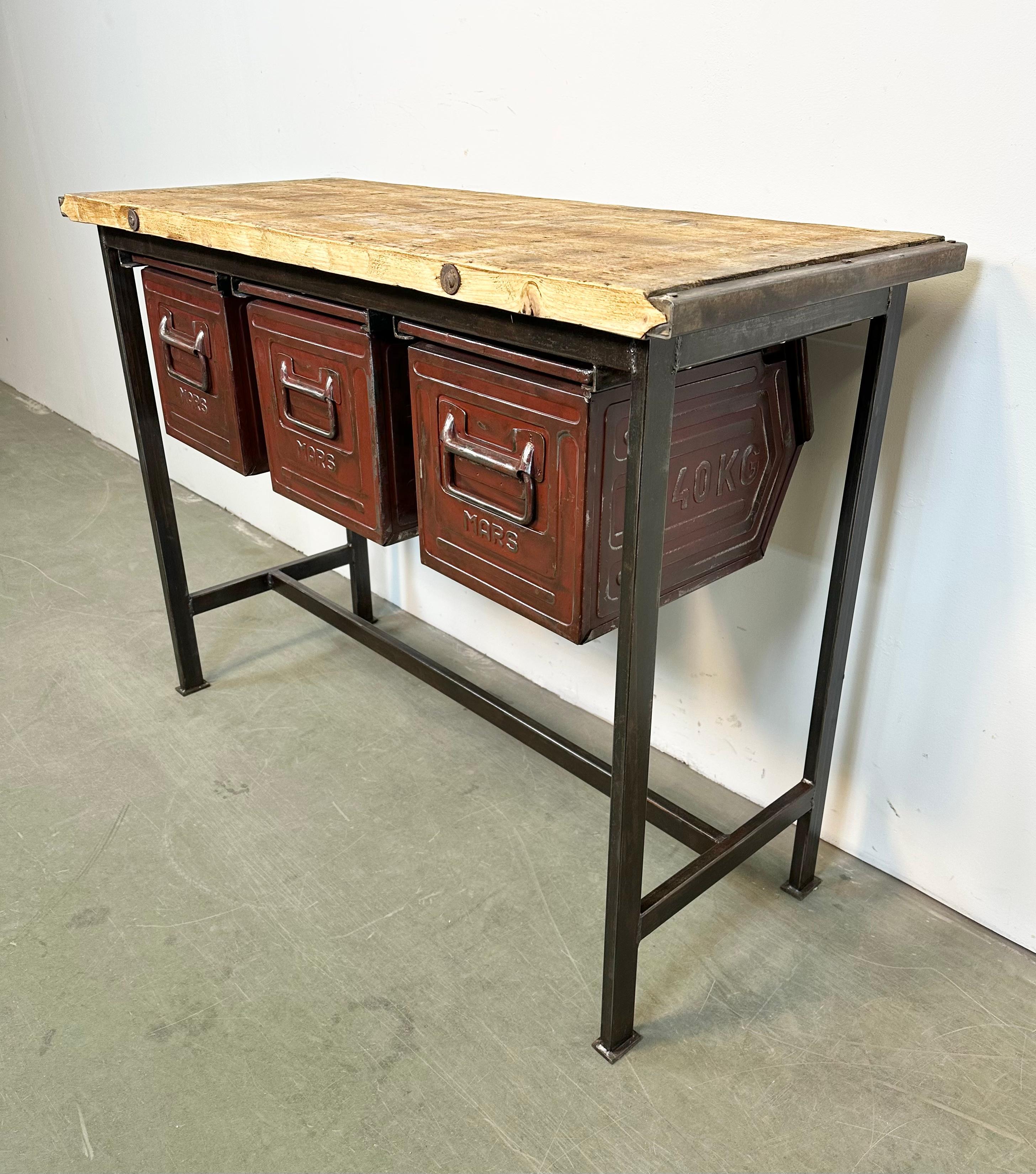 20th Century Industrial Worktable with Three Iron Drawers, 1960s For Sale