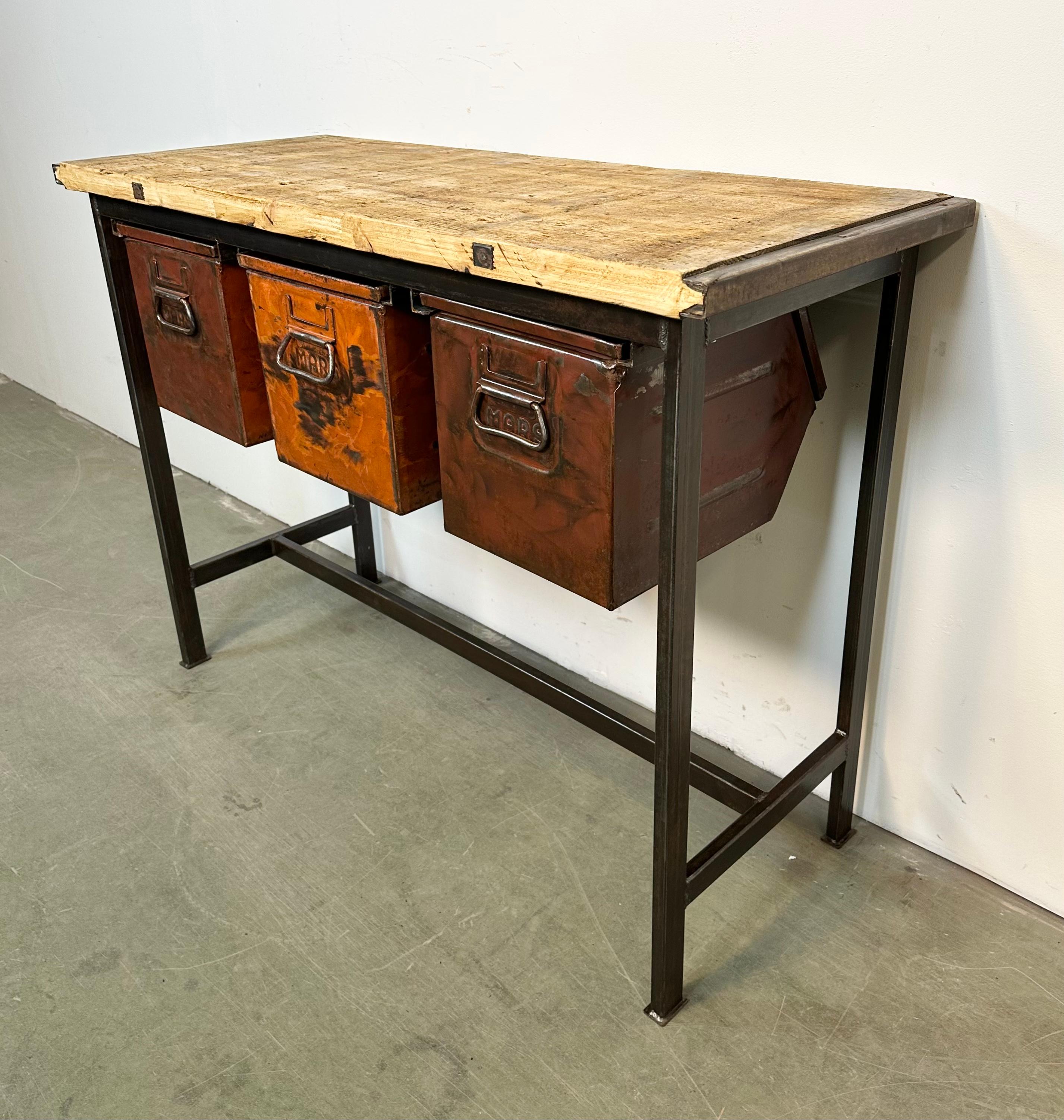 20th Century Industrial Worktable with Three Iron Drawers, 1960s For Sale