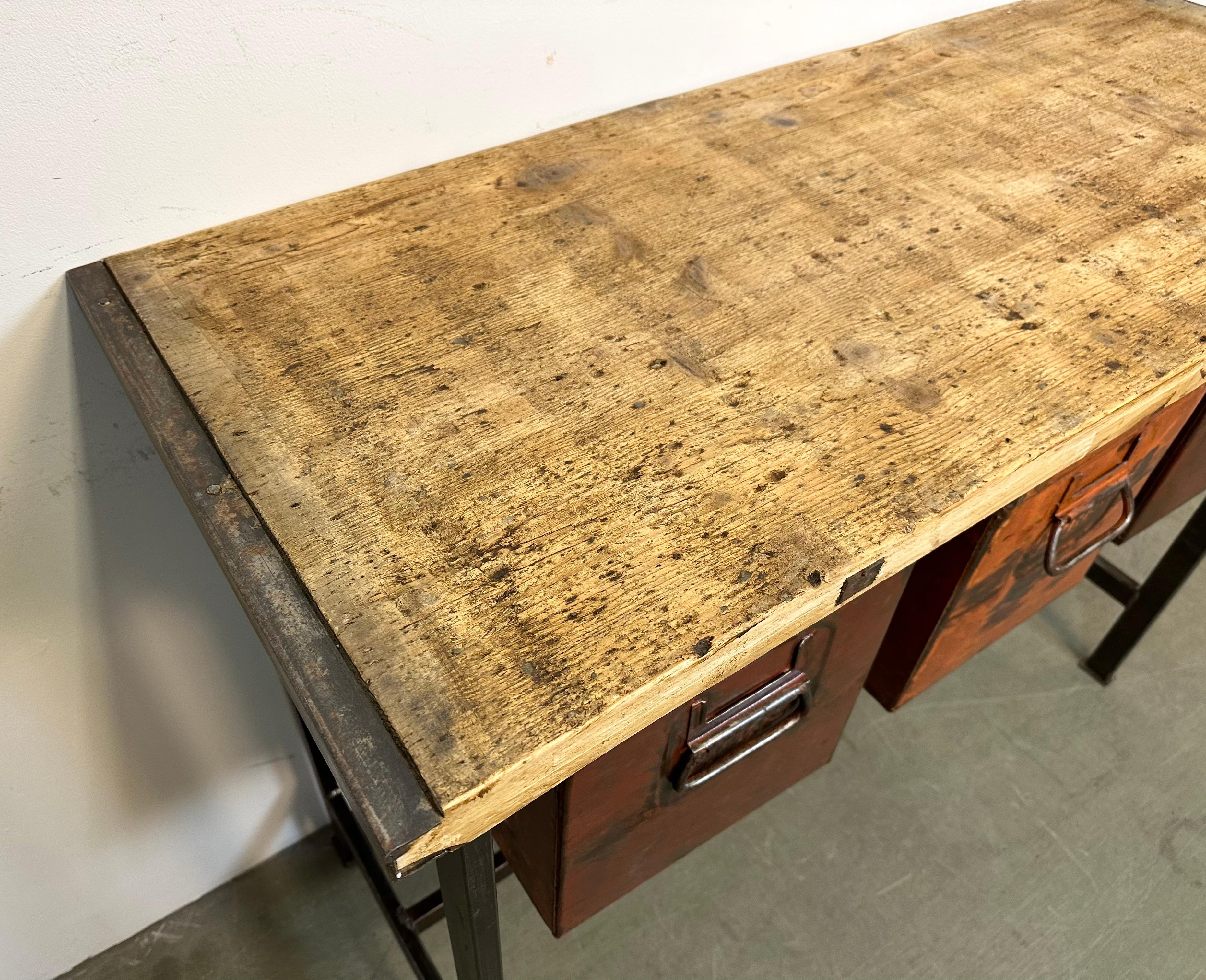 Industrial Worktable with Three Iron Drawers, 1960s For Sale 2