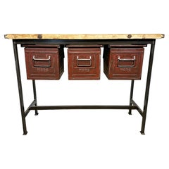 Used Industrial Worktable with Three Iron Drawers, 1960s