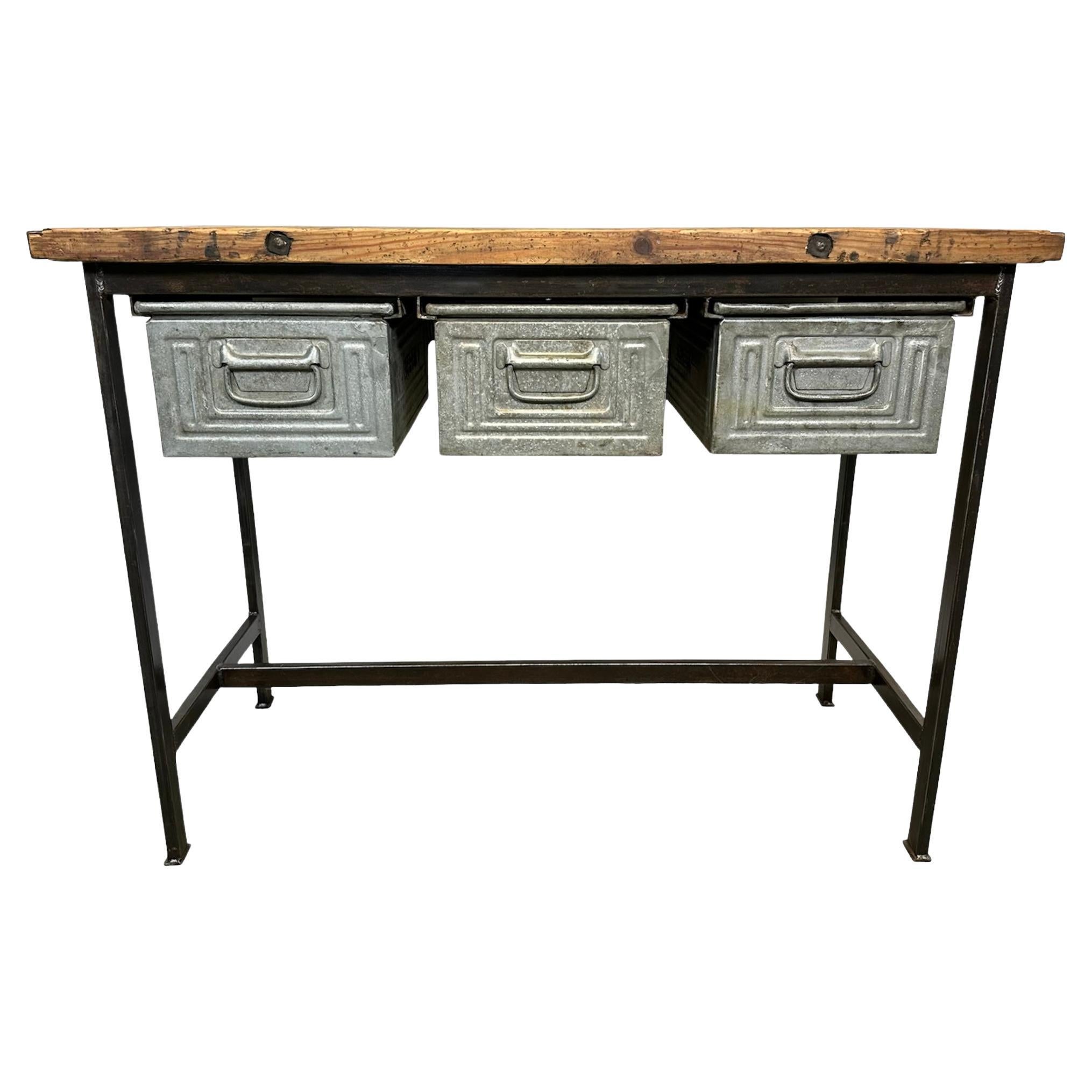 Industrial Worktable with Three Iron Drawers, 1960s For Sale