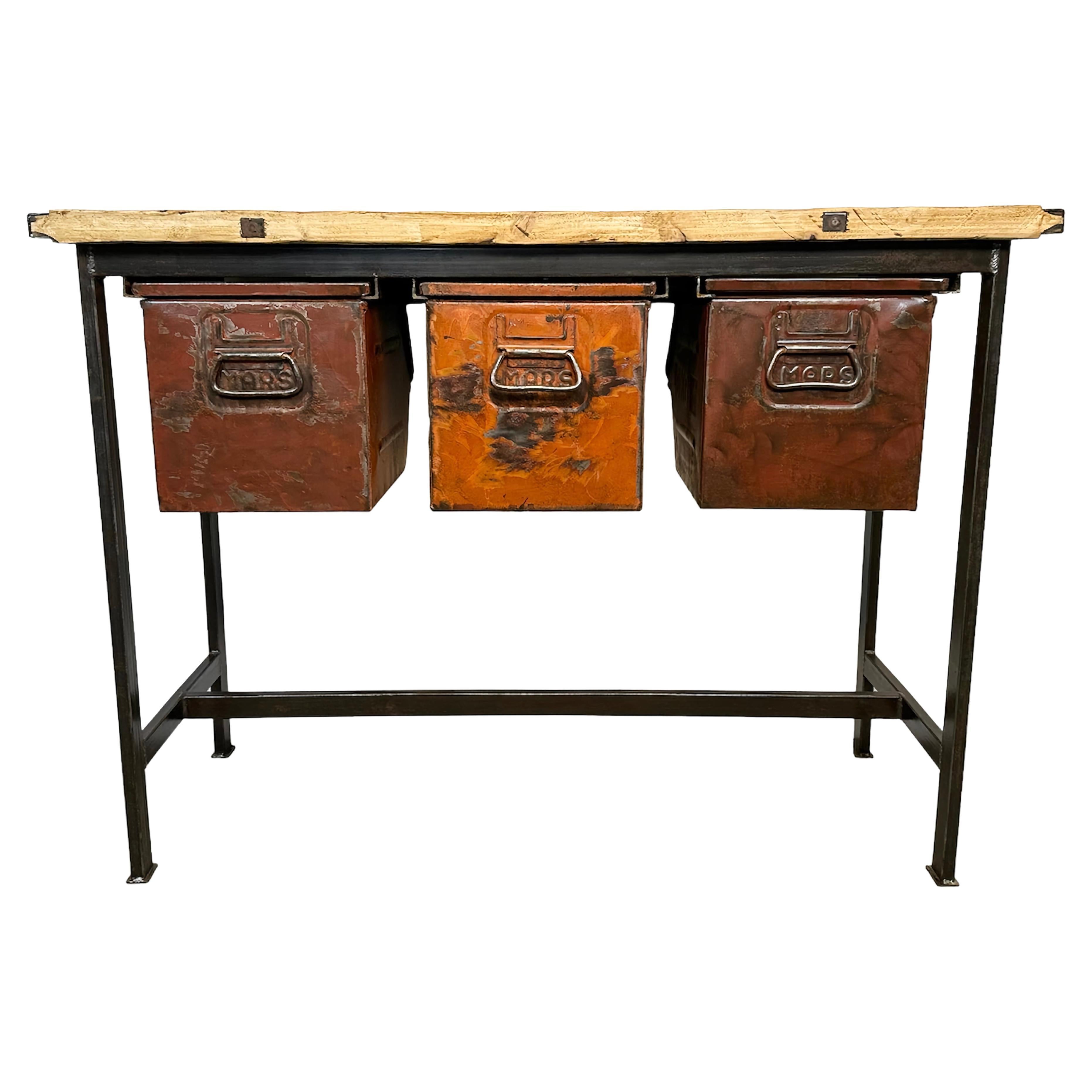 Industrial Worktable with Three Iron Drawers, 1960s For Sale