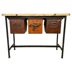 Used Industrial Worktable with Three Iron Drawers, 1960s