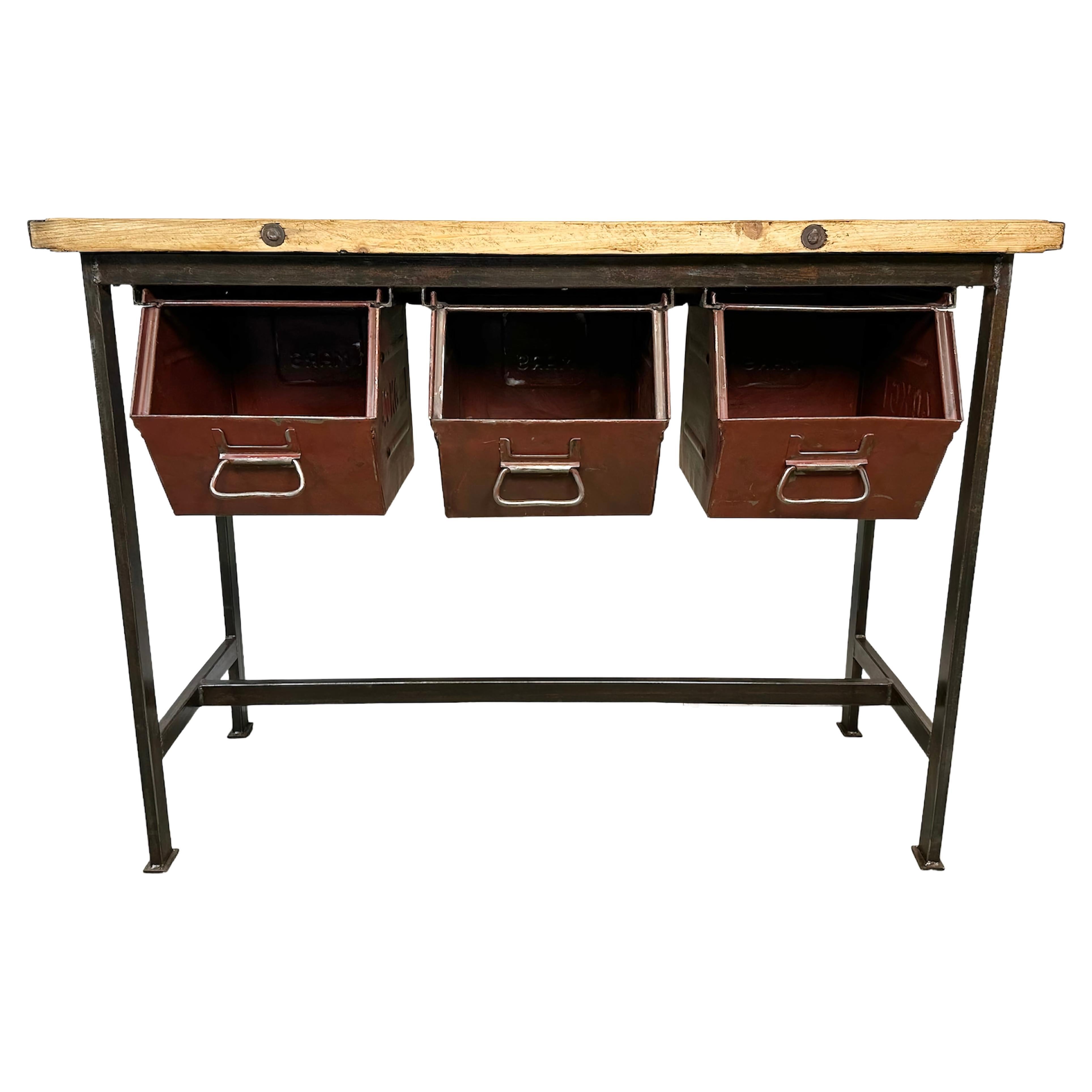 Industrial Worktable with Three Iron Drawers, 1960s For Sale