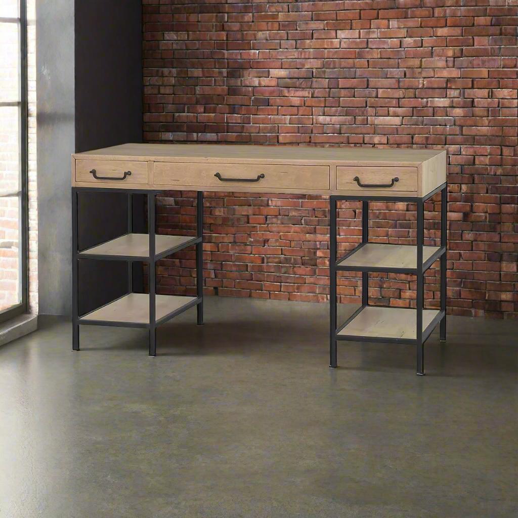 This desk features a sturdy metal frame with a vintage rusty finish, beautifully contrasted by the driftwood finish on the wooden top.

The three spacious drawers provide ample storage for your essentials, while the two open shelving units on either
