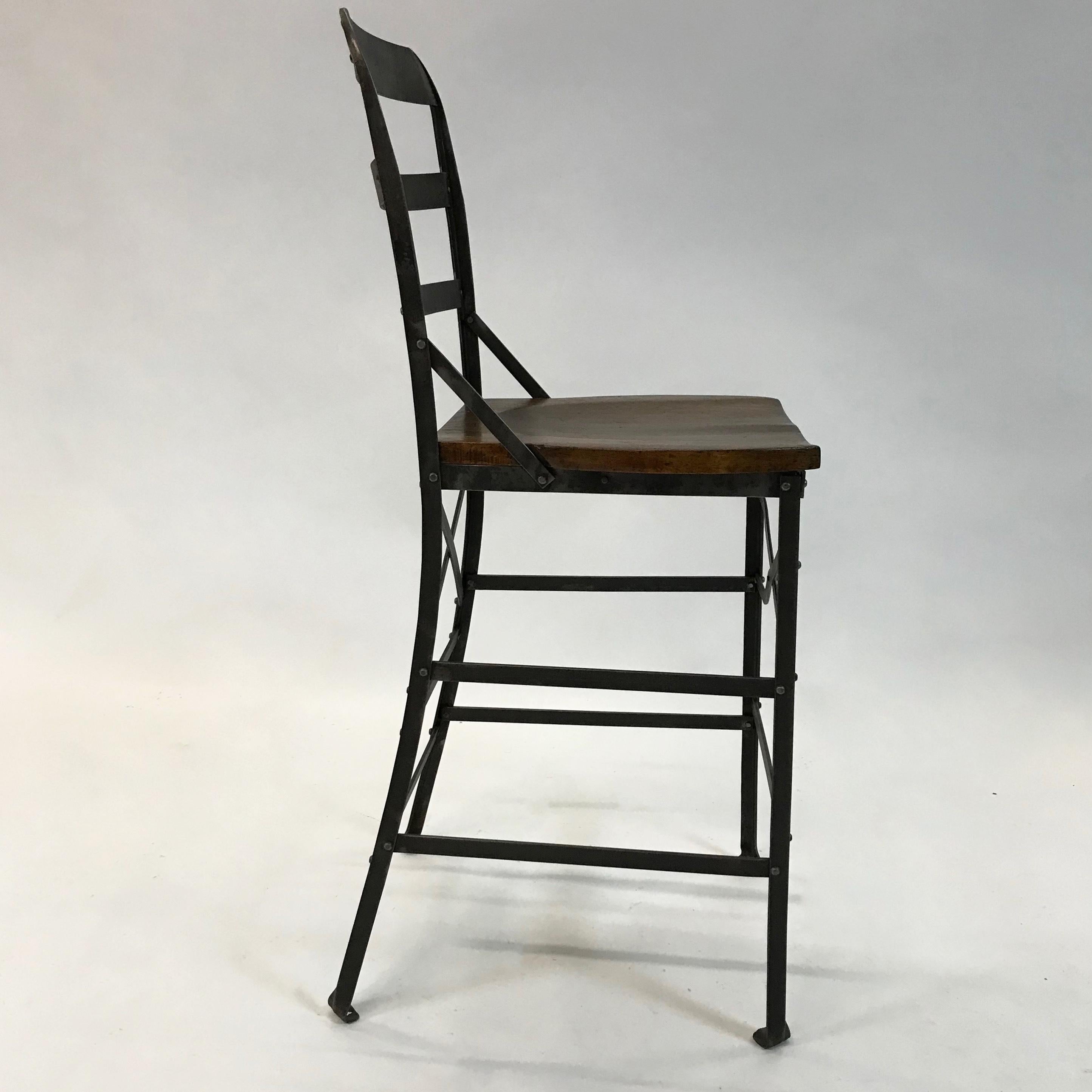 American Industrial Wrought Iron and Oak Shop Stool For Sale