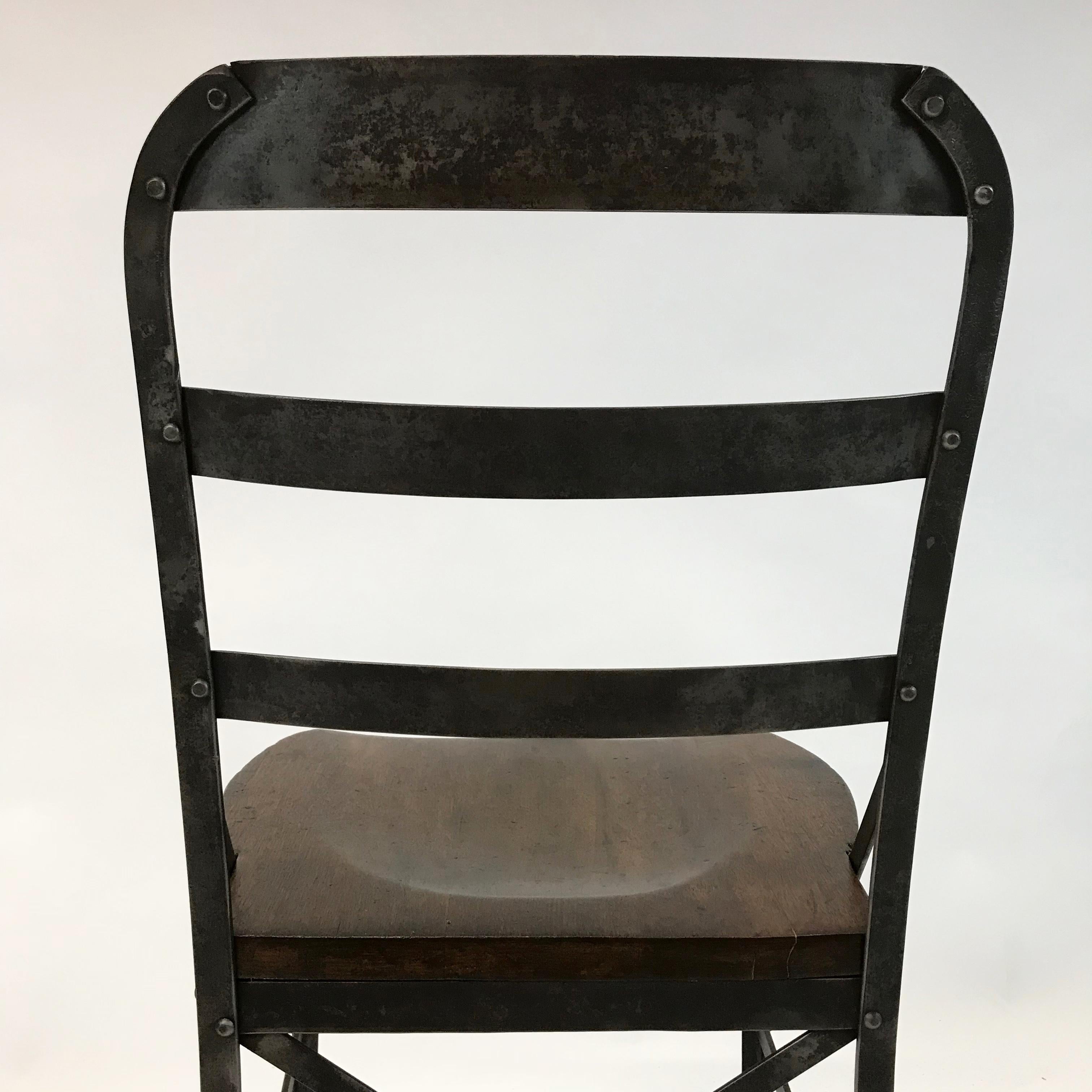 20th Century Industrial Wrought Iron and Oak Shop Stool For Sale