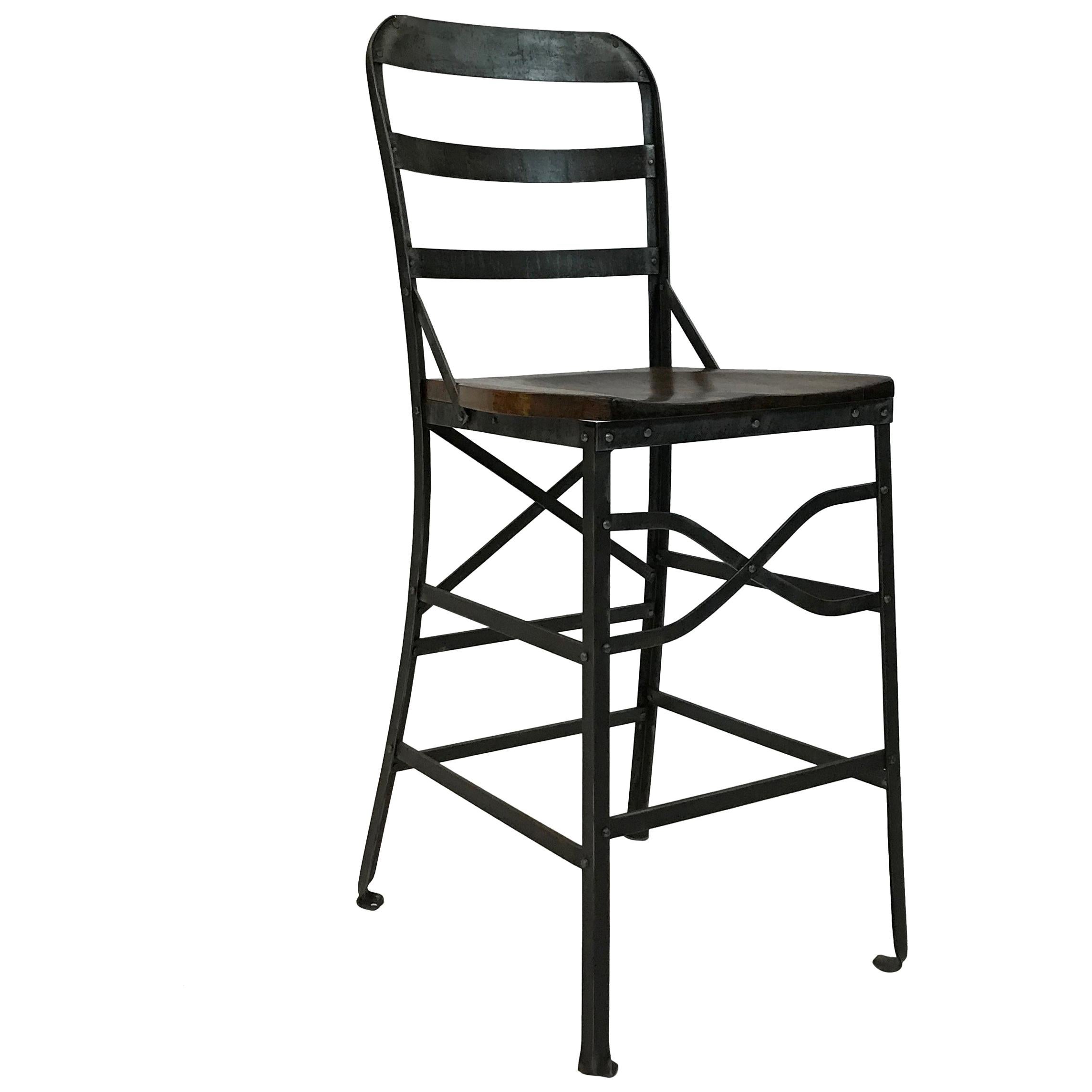 Industrial Wrought Iron and Oak Shop Stool For Sale
