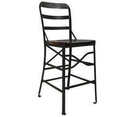 Antique Industrial Wrought Iron and Oak Shop Stool