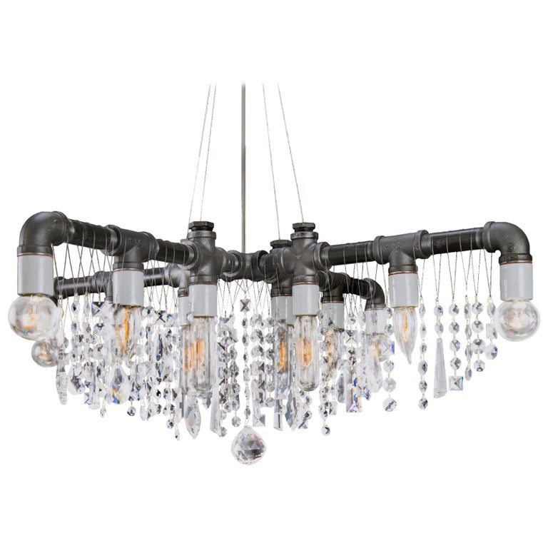 Industrial Black Steel and Crystal XChandelier Pendant For Sale at
