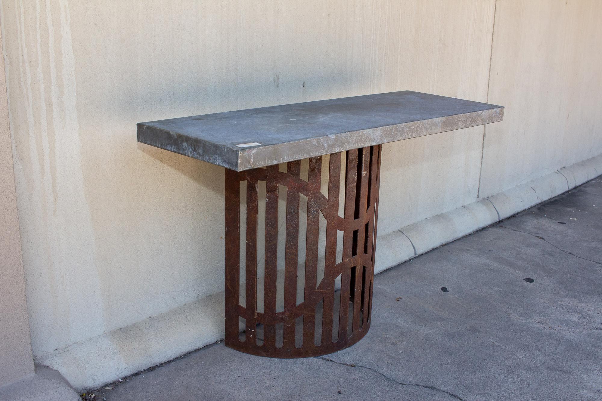 Industrial Zinc Console on Repurposed Iron Base (Pair available) In Good Condition In Houston, TX