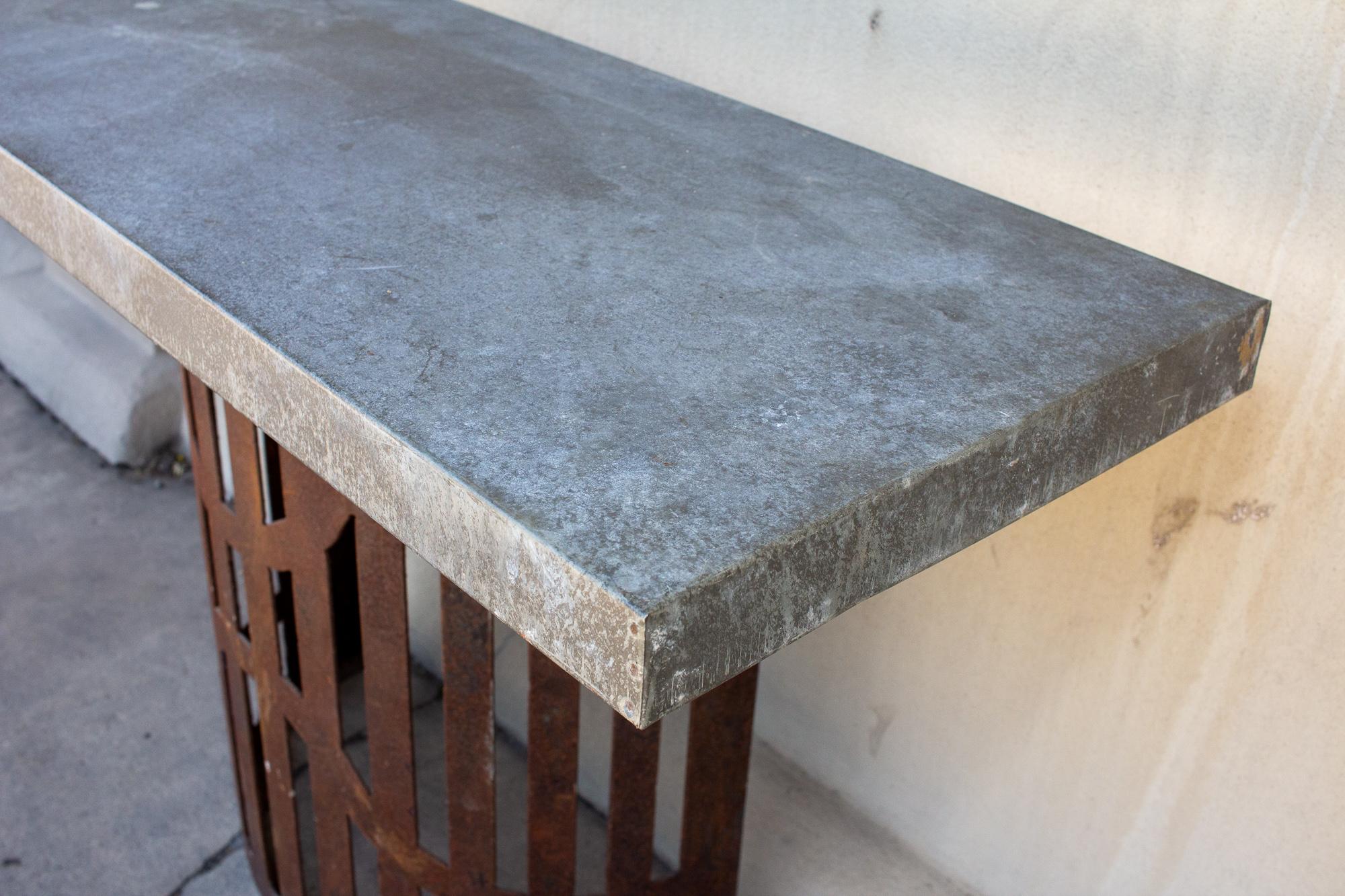 Contemporary Industrial Zinc Console on Repurposed Iron Base (Pair available)