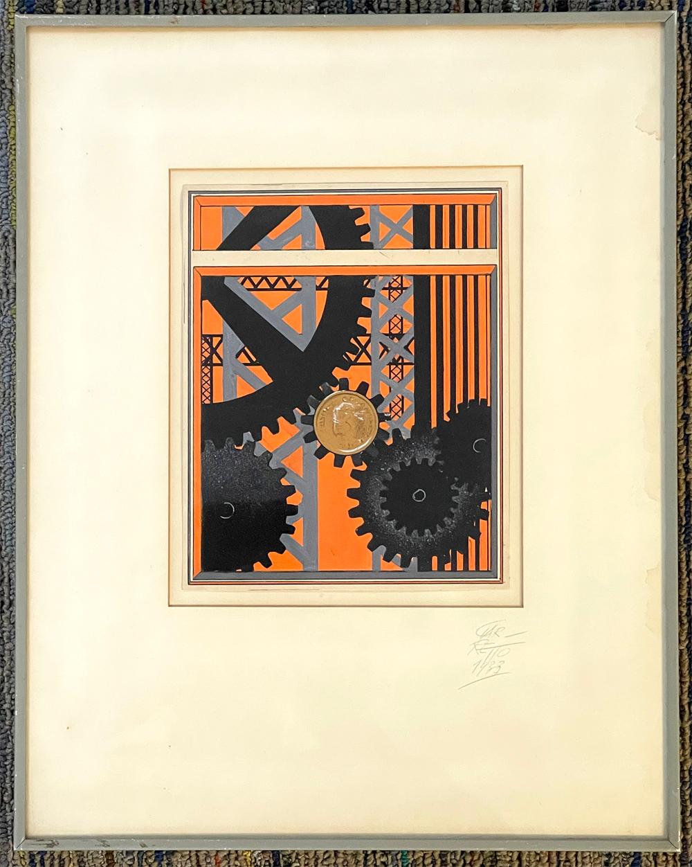 A brilliant example of Art Deco-era painting which celebrated American manufacturing with stylized images of gears and Industrial architecture, this gouache painting by Paolo Garretto was executed in 1933, no doubt as an unpublished maquette for the