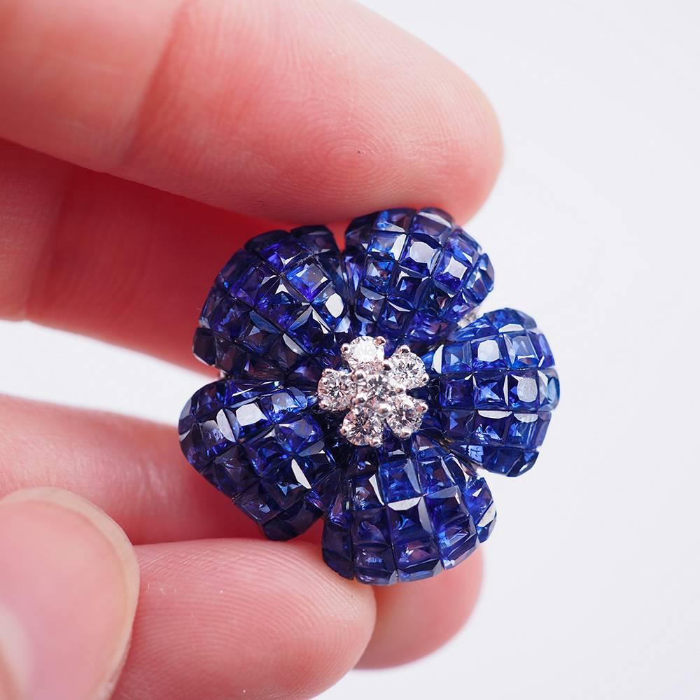 Modern 18 Karat White Gold Invisible Sapphire and Diamond Flower Clip-On Earrings