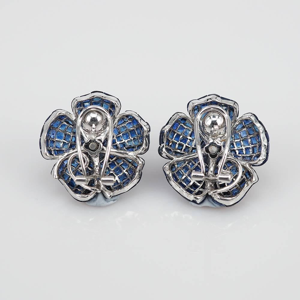Round Cut 18 Karat White Gold Invisible Sapphire and Diamond Flower Clip-On Earrings