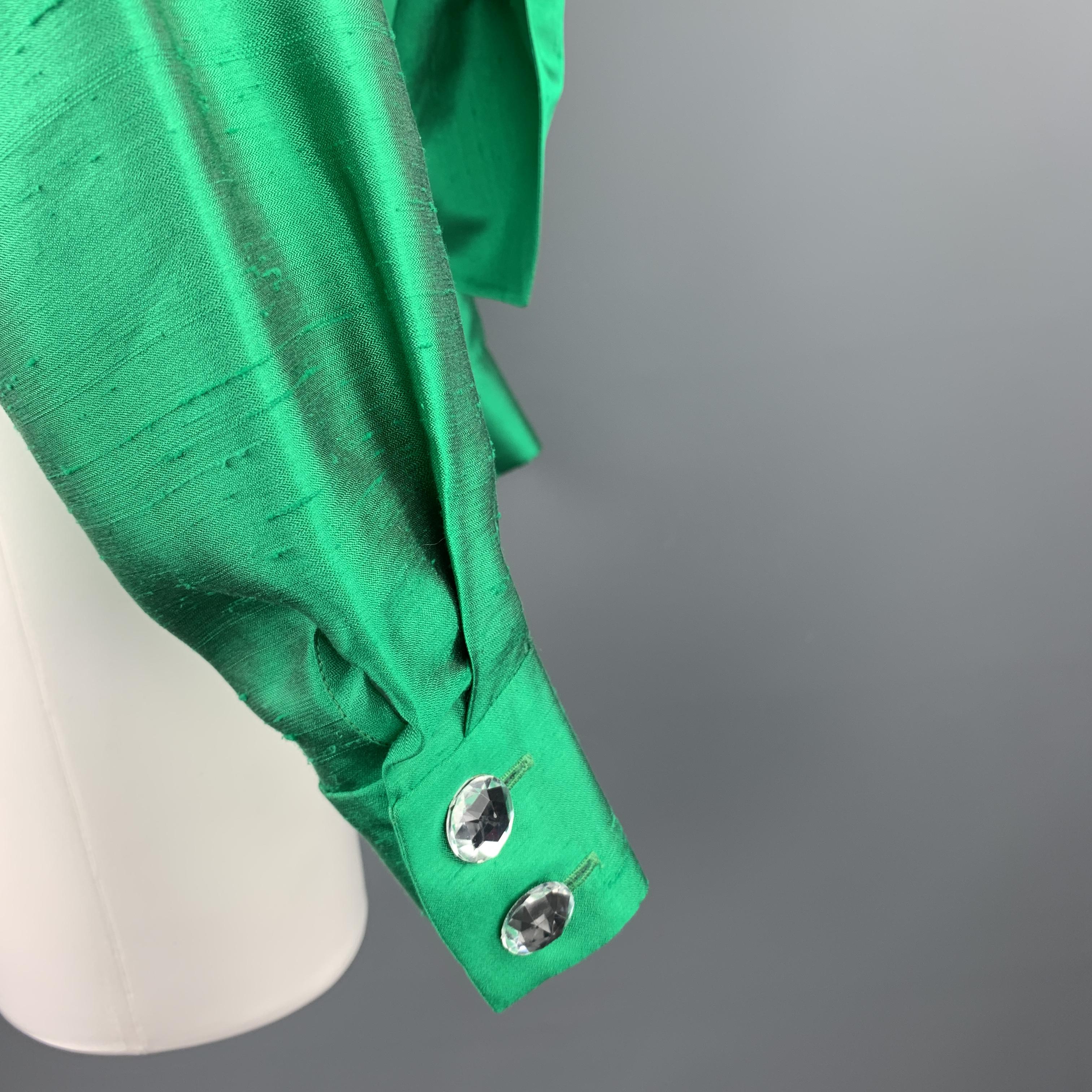 Women's INES de la FRESSANGE 8 Green Silk Shantung Wide Lapel Rhinestone Button Tied Top