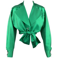 INES de la FRESSANGE 8 Green Silk Shantung Wide Lapel Rhinestone Button Tied Top