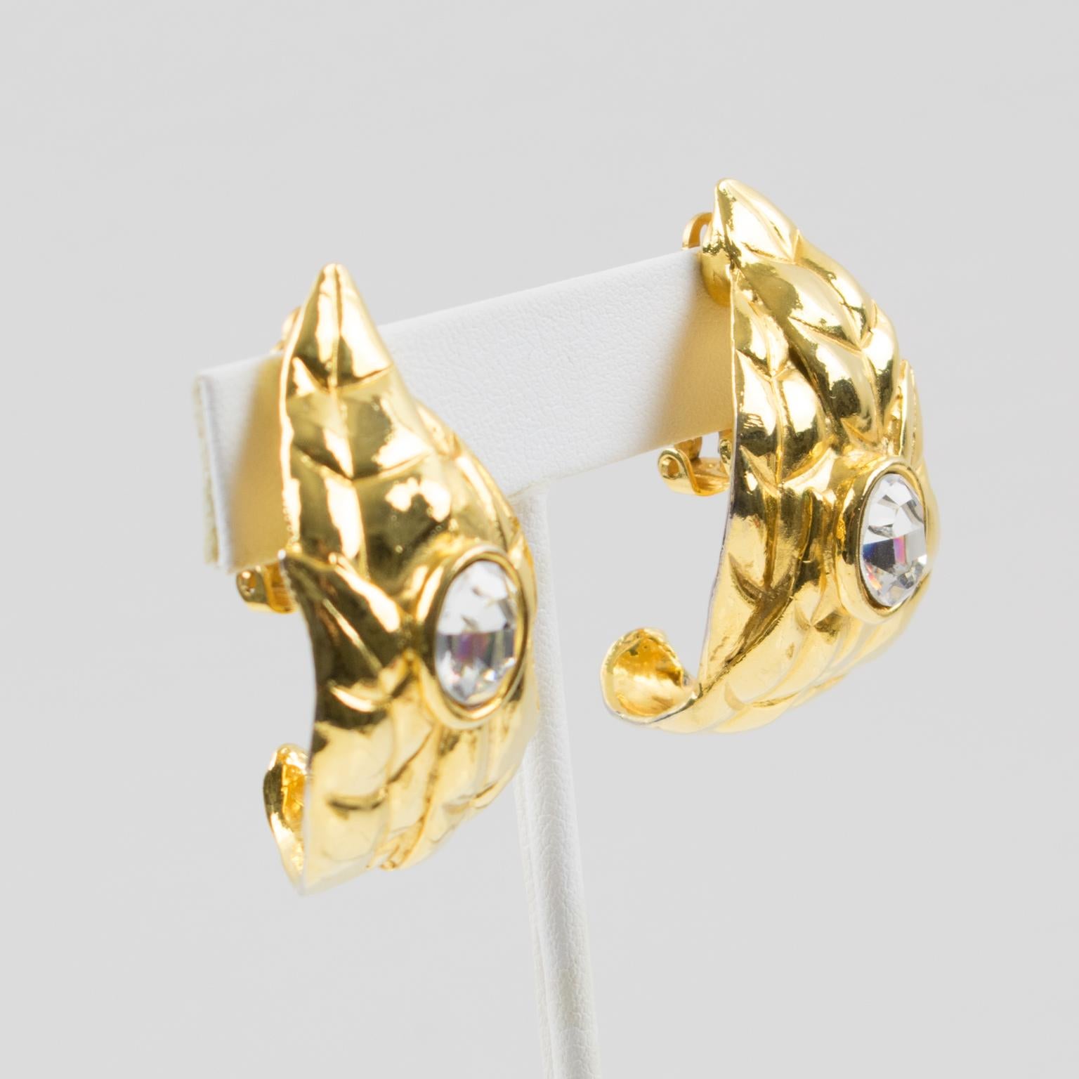Modern Ines de la Fressange Paris Jeweled Clip Earrings Gilt Metal Carved Leaf For Sale