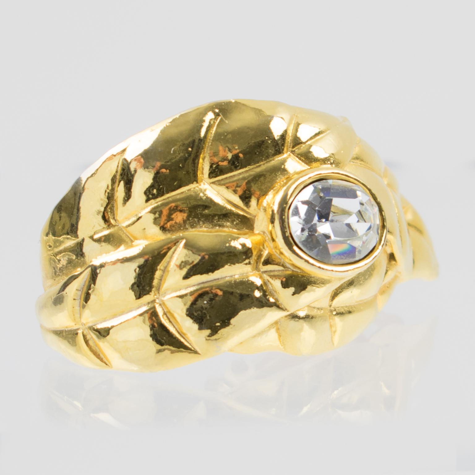 Ines de la Fressange Paris Jeweled Clip Earrings Gilt Metal Carved Leaf For Sale 1
