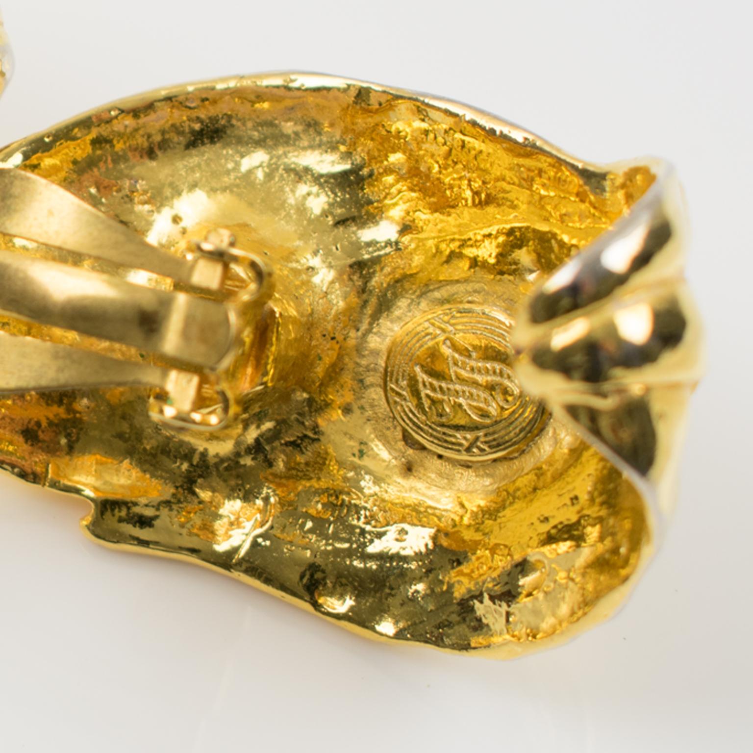 Ines de la Fressange Paris Jewellled Clips Earrings Gilt Metal Carved Leaf (Feuille sculptée en métal doré) en vente 3