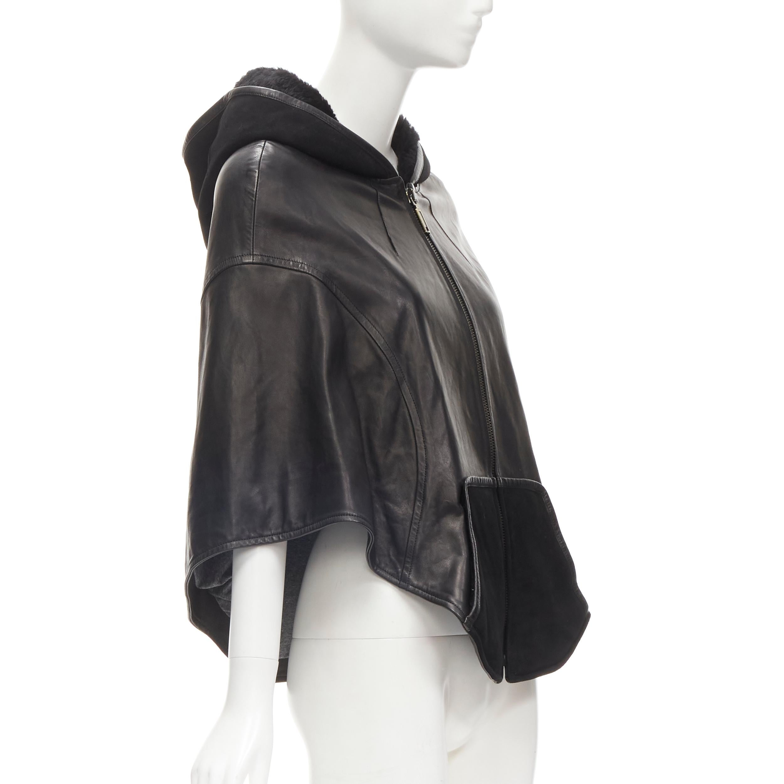 INES ET MARECHAL black lambskin leather shearling hood circle cape IT38 XS In Excellent Condition In Hong Kong, NT