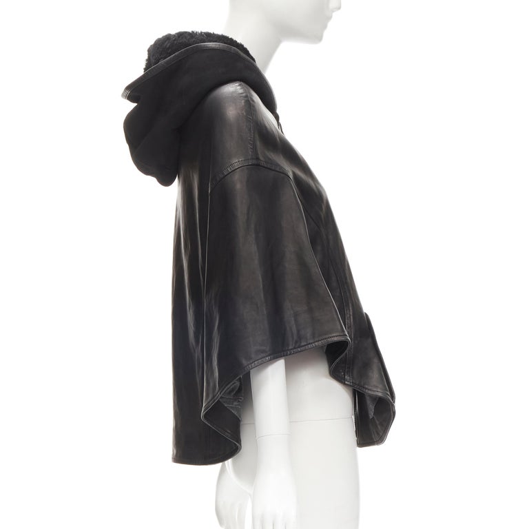 INES ET MARECHAL black lambskin leather shearling hood circle cape IT38 XS  For Sale at 1stDibs
