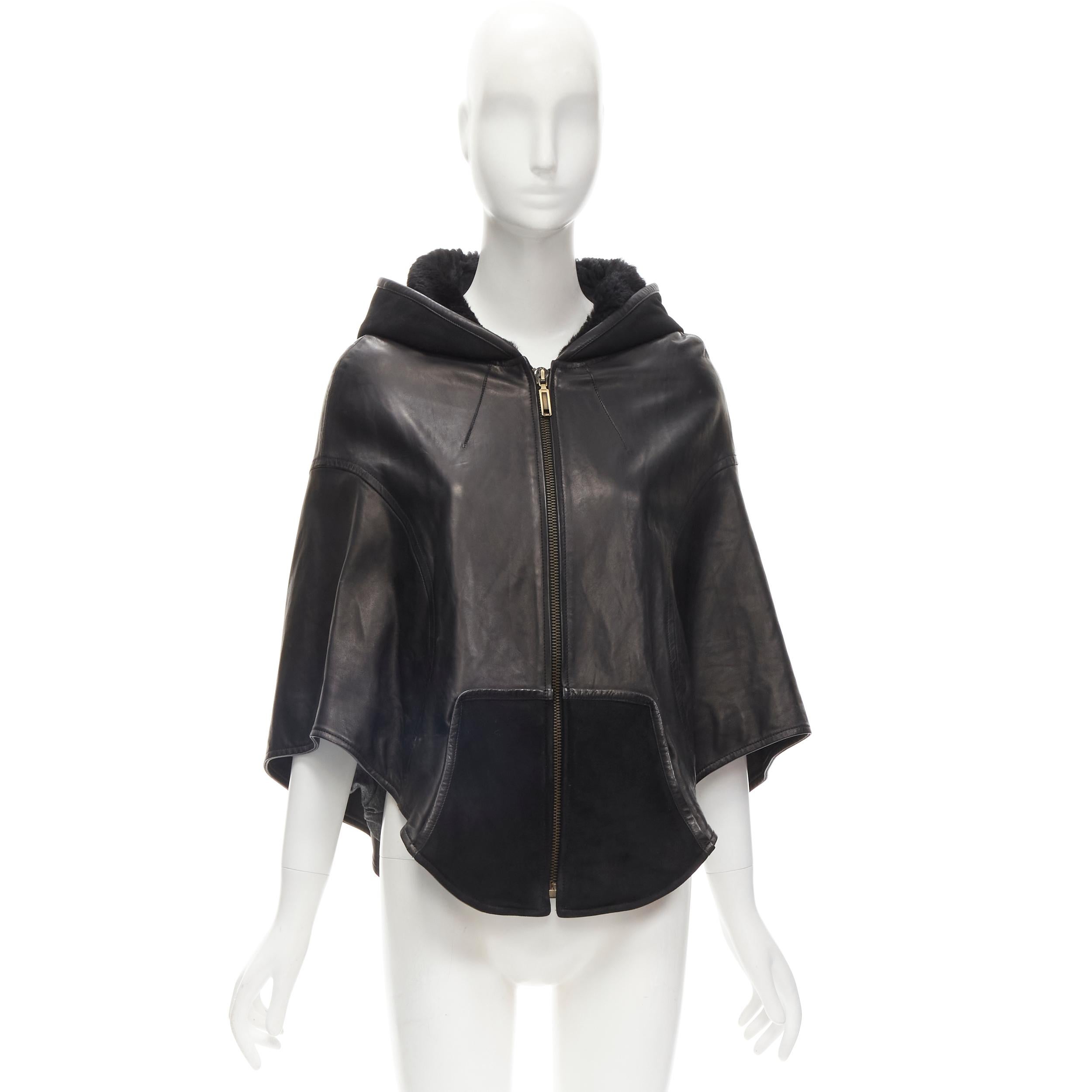 INES ET MARECHAL black lambskin leather shearling hood circle cape IT38 XS For Sale 5