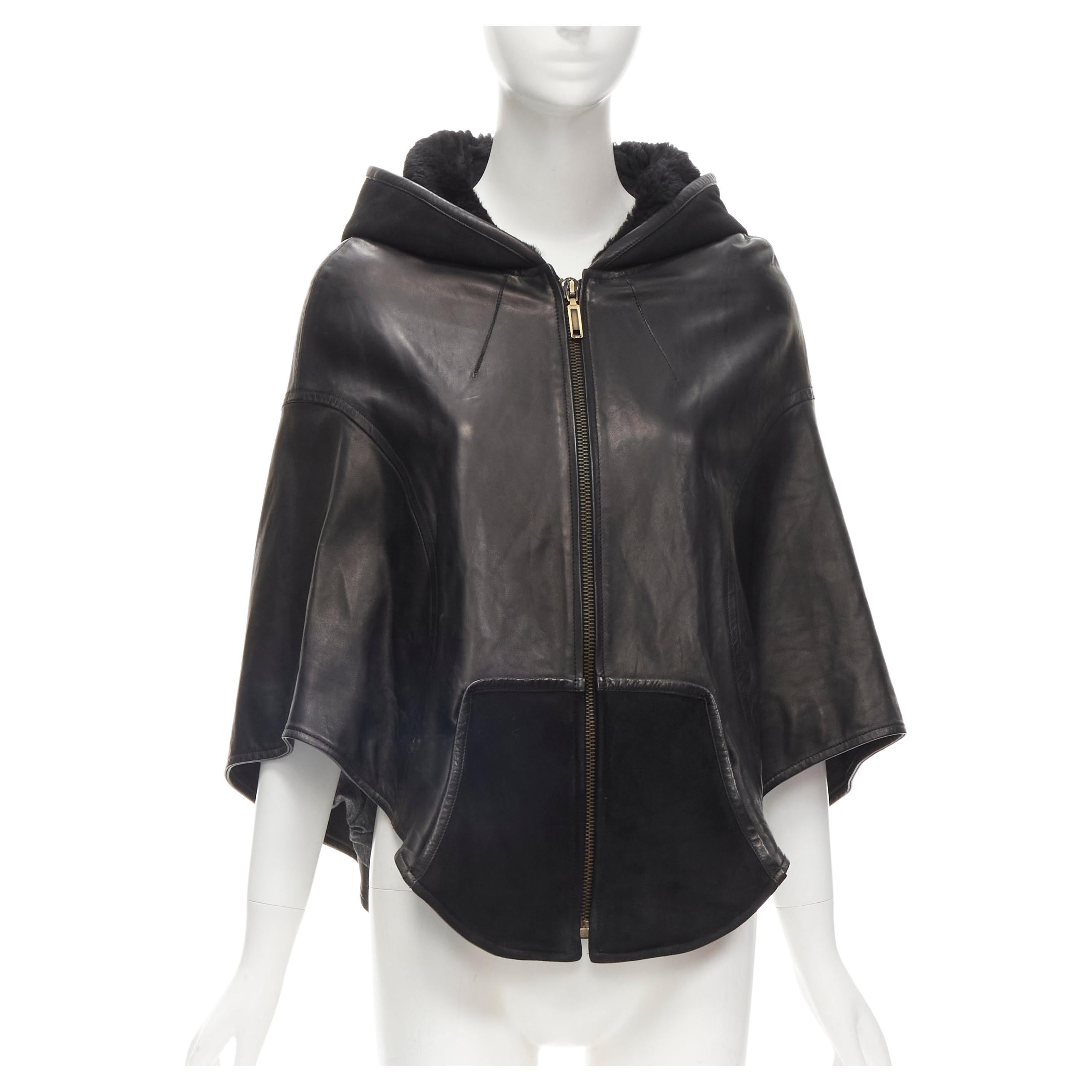 INES ET MARECHAL black lambskin leather shearling hood circle cape IT38 XS For Sale