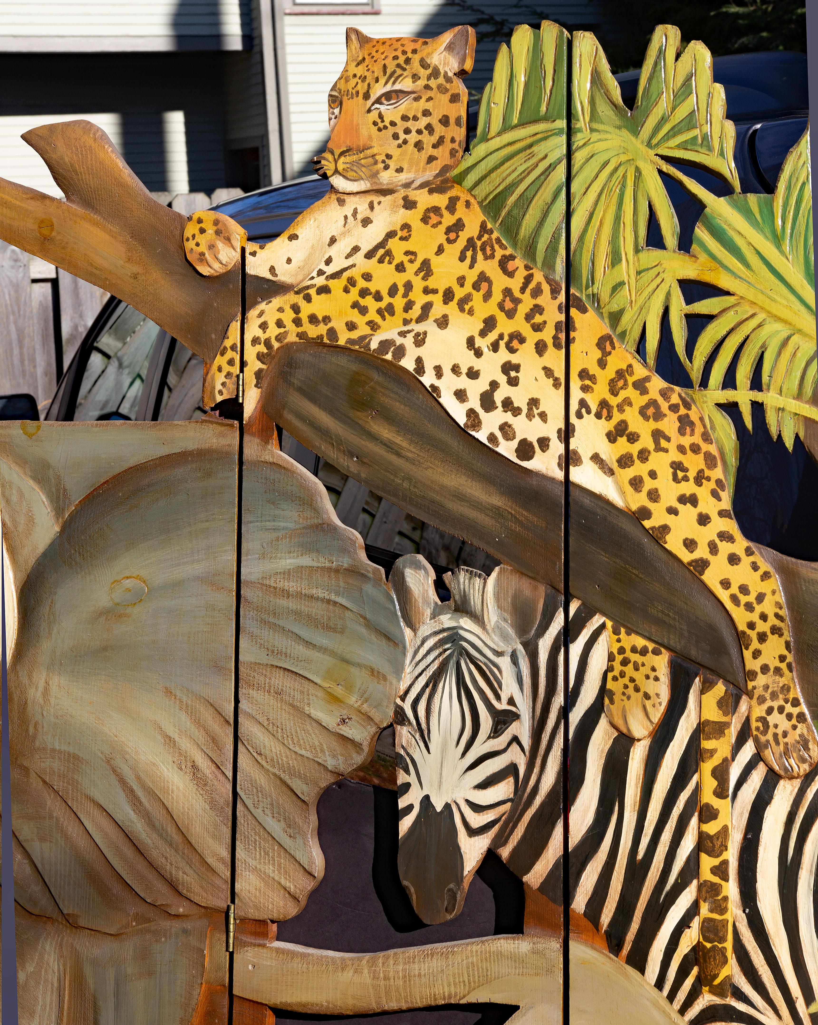 Carved African Jungle Screen with Exotic Wild Animals Signed - Brown Animal Painting by ines smrz