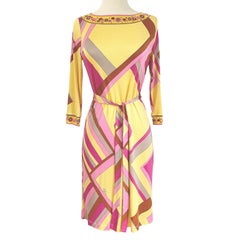 Pink Yellow Art Deco Print Silk Shift Dress Flora Kung NWT