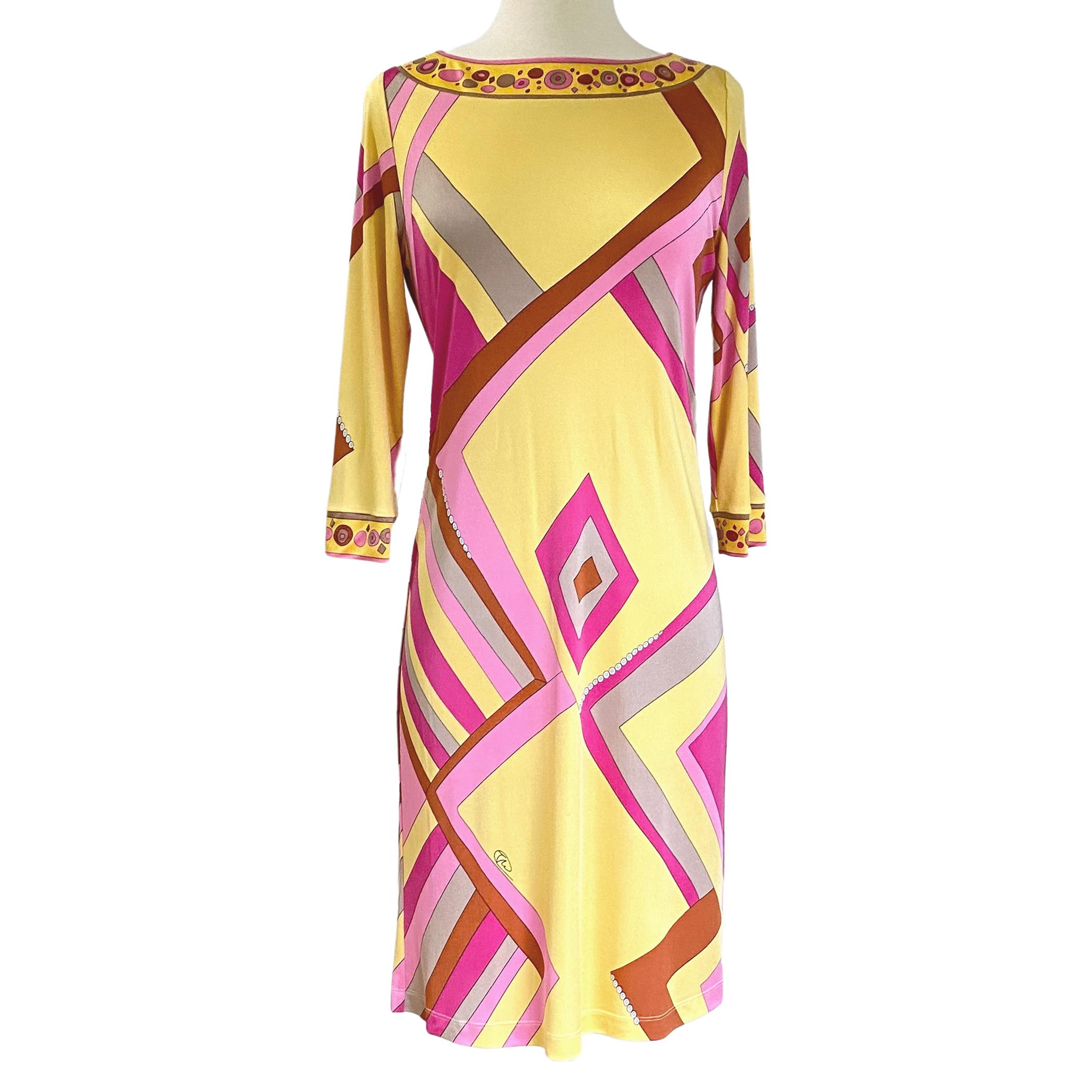 Women's Pink Yellow Art Deco Print Silk Shift Dress Flora Kung NWT For Sale