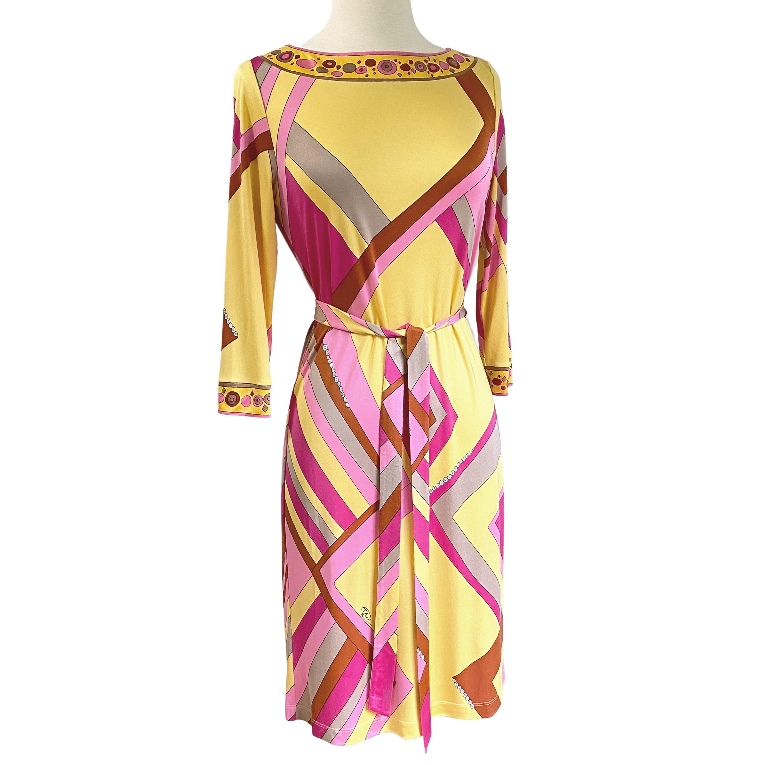 Pink Yellow Art Deco Print Silk Shift Dress Flora Kung NWT For Sale 1