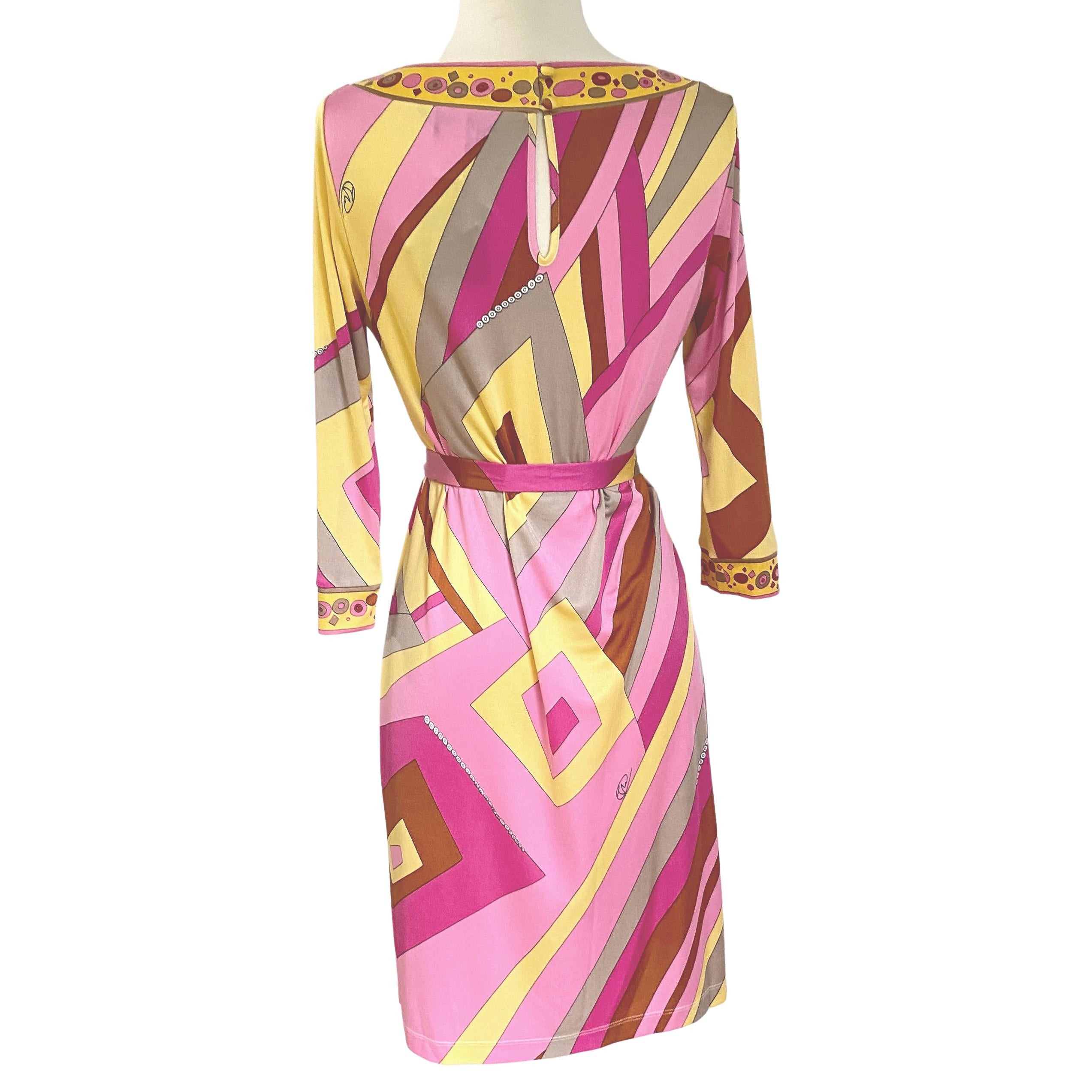 Pink Yellow Art Deco Print Silk Shift Dress Flora Kung NWT For Sale 2