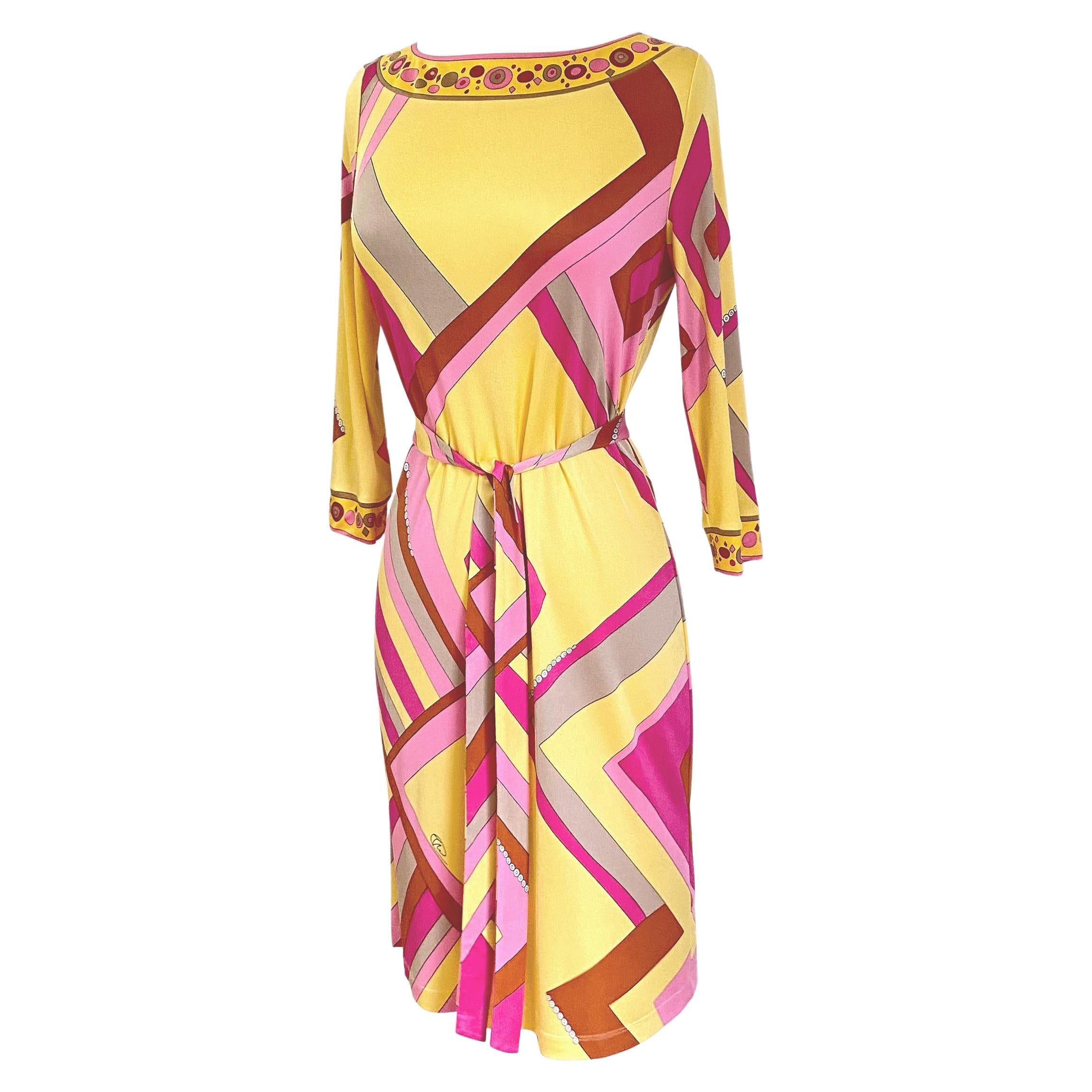 Pink Yellow Art Deco Print Silk Shift Dress Flora Kung NWT For Sale